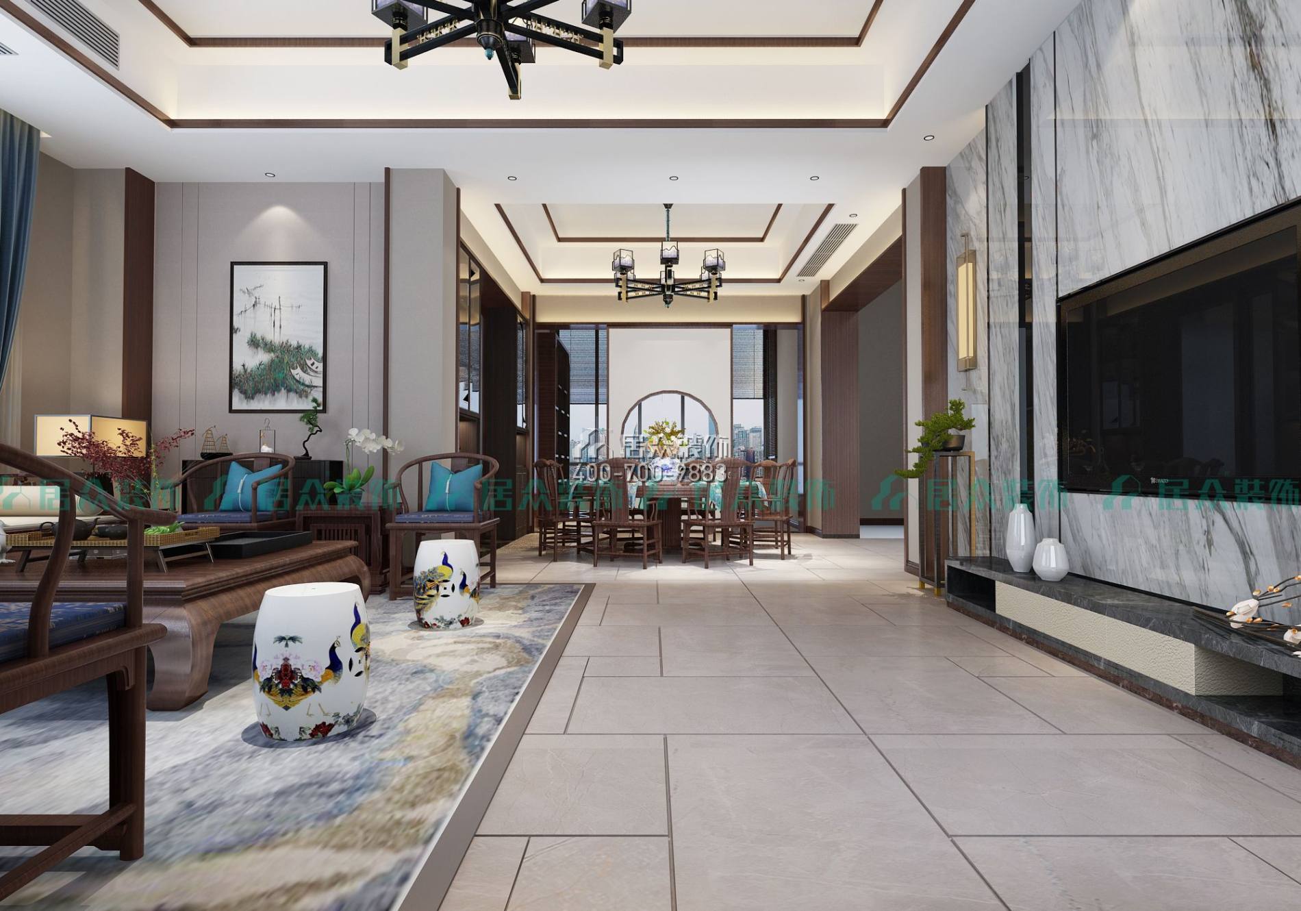 常德碧桂园260平方米中式风格别墅户型客餐厅一体装修效果图