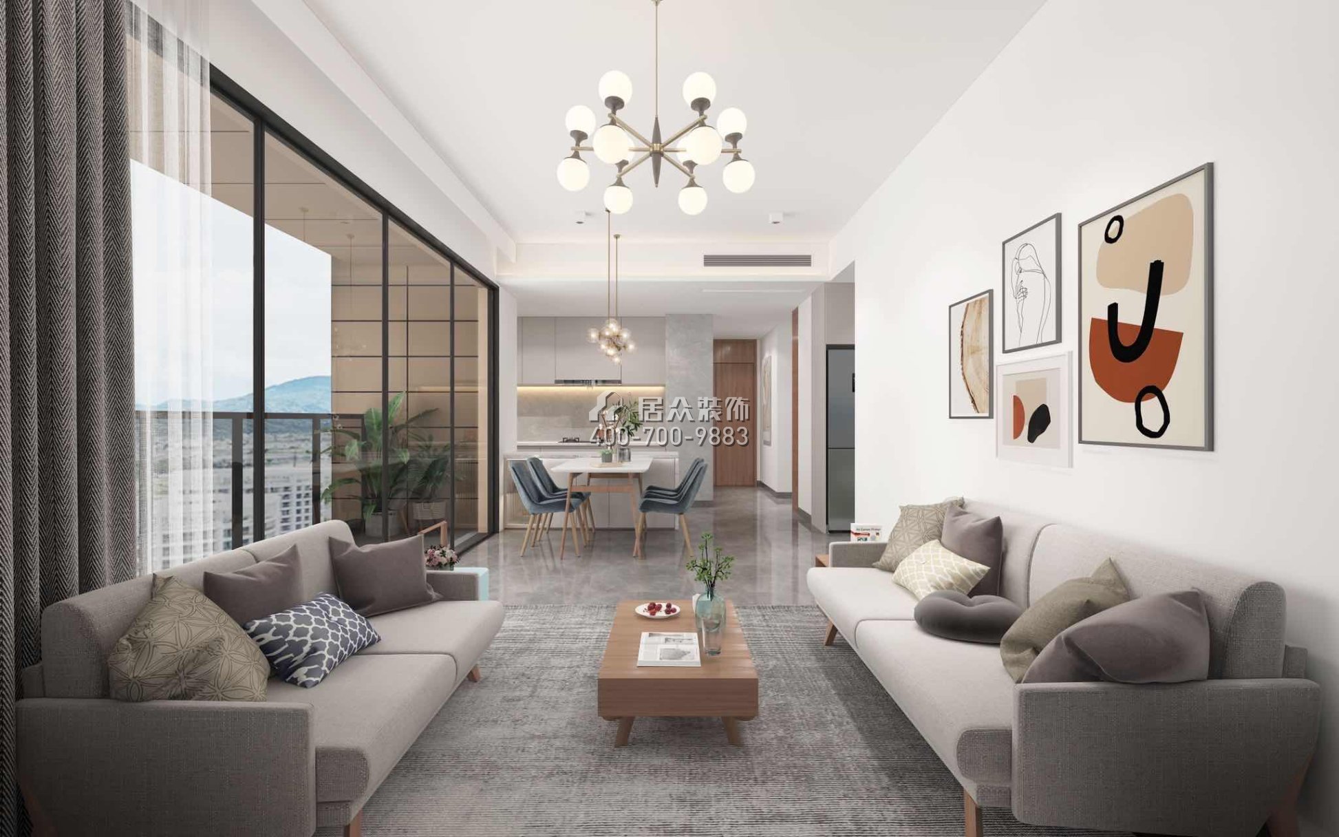 颐湾府112平方米现代简约风格平层户型客厅装修效果图