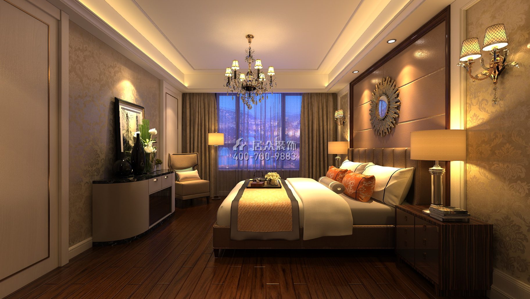 紫御华庭148平方米美式风格平层户型卧室装修效果图