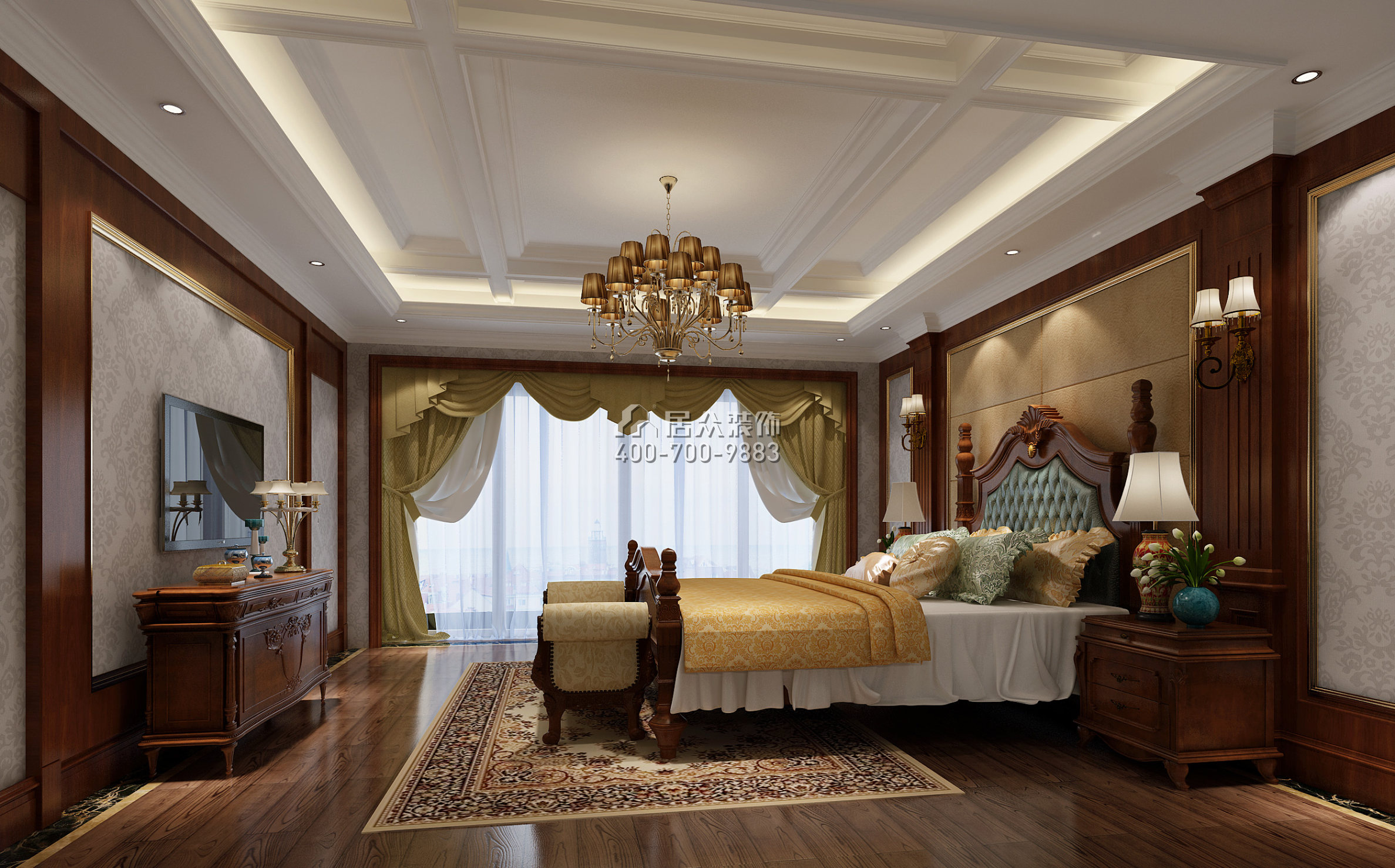 纯水岸十五期300平方米美式风格平层户型卧室装修效果图
