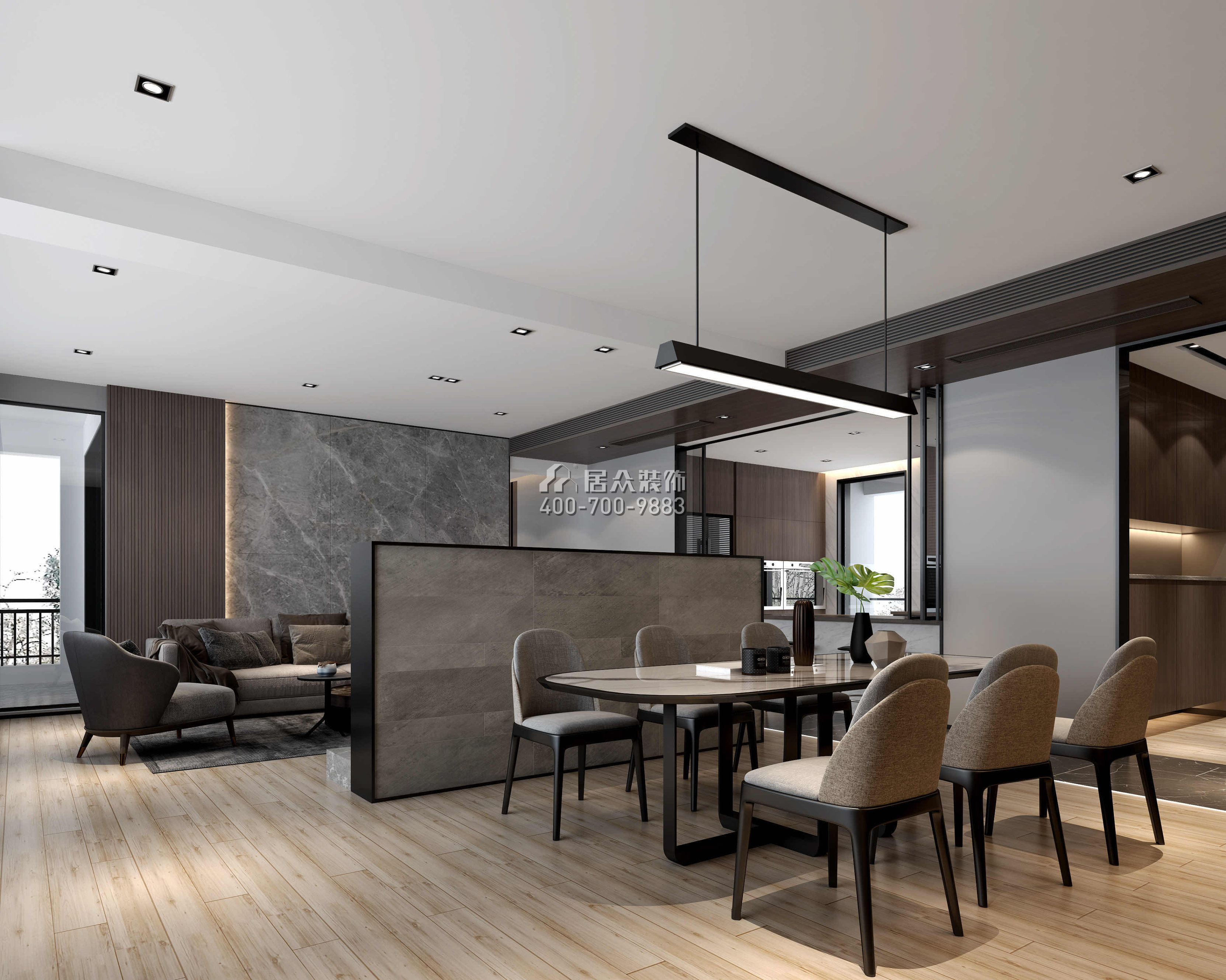 中信御园220平方米现代简约风格平层户型客餐厅一体装修效果图