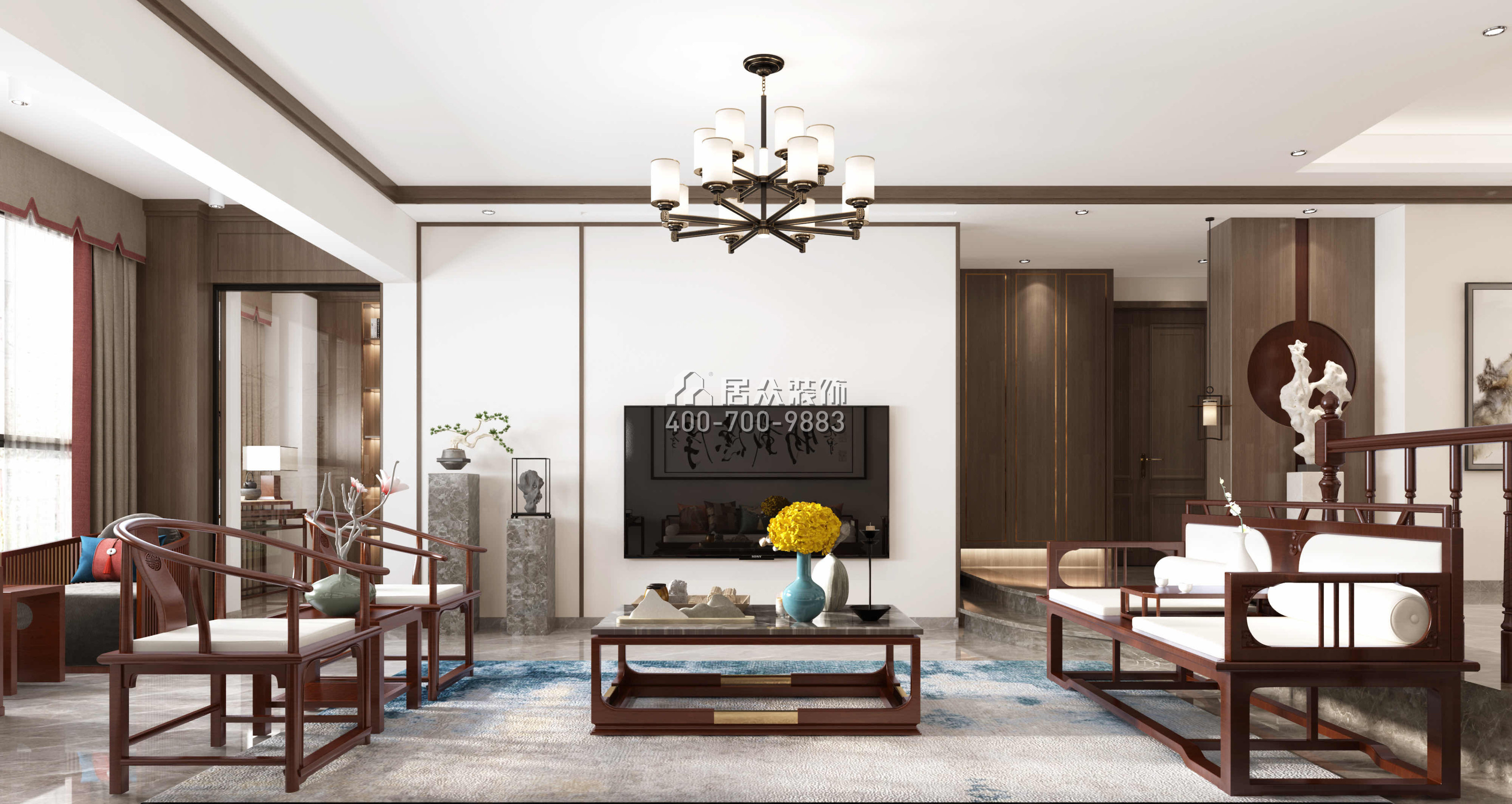 錦繡國際花城200平方米中式風格平層戶型客廳裝修效果圖