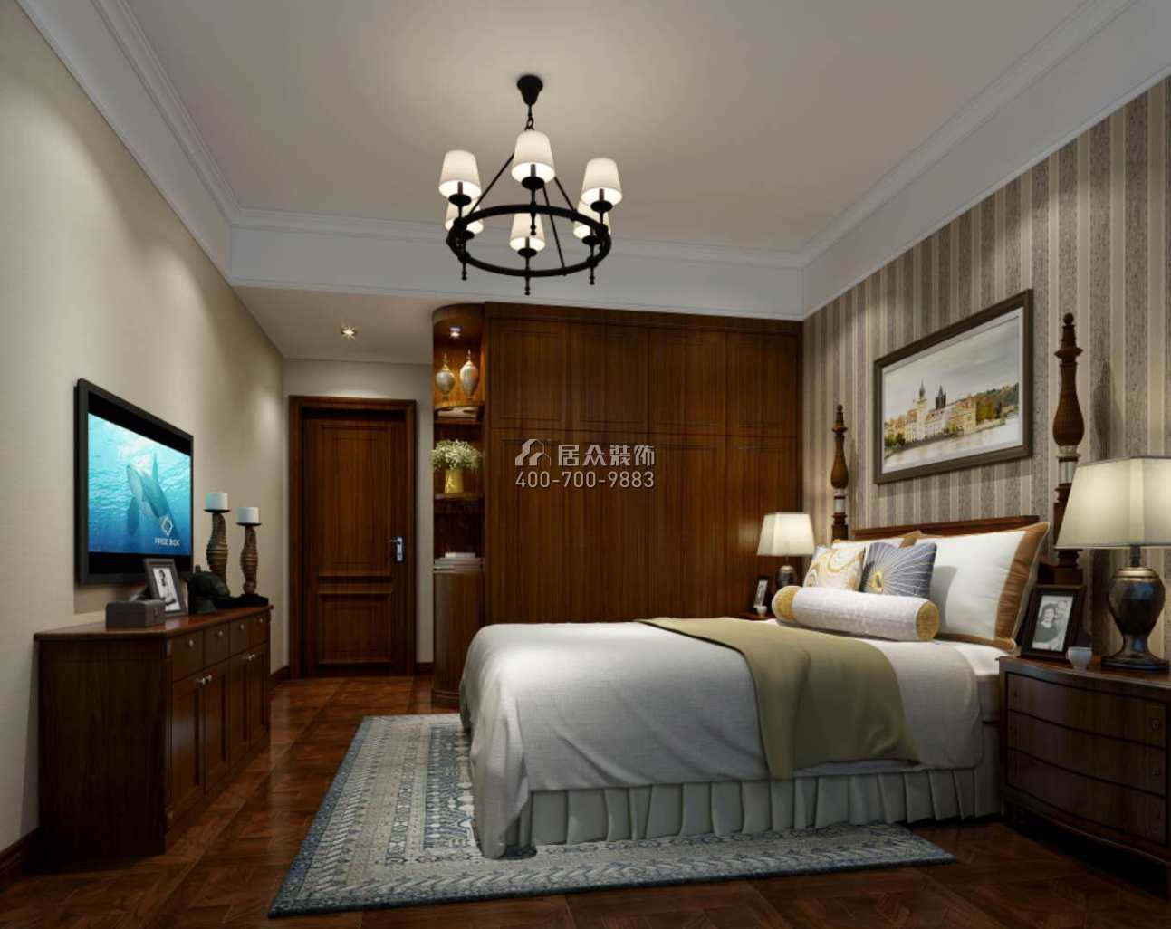 维港半岛150平方米美式风格平层户型卧室开元官网效果图