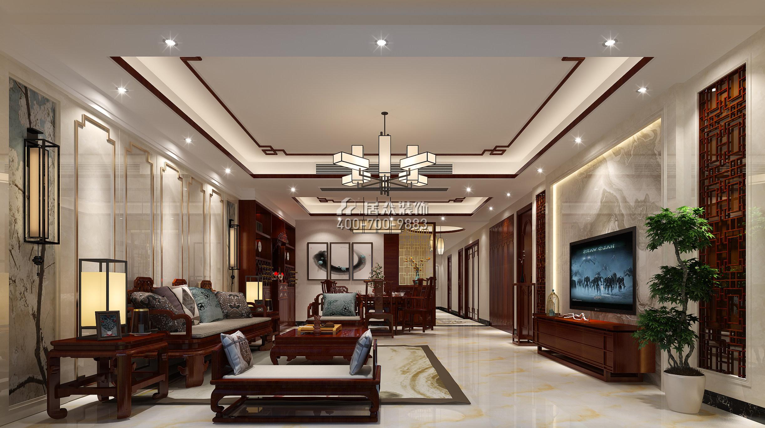 珊瑚天峰170平方米中式风格平层户型客厅装修效果图