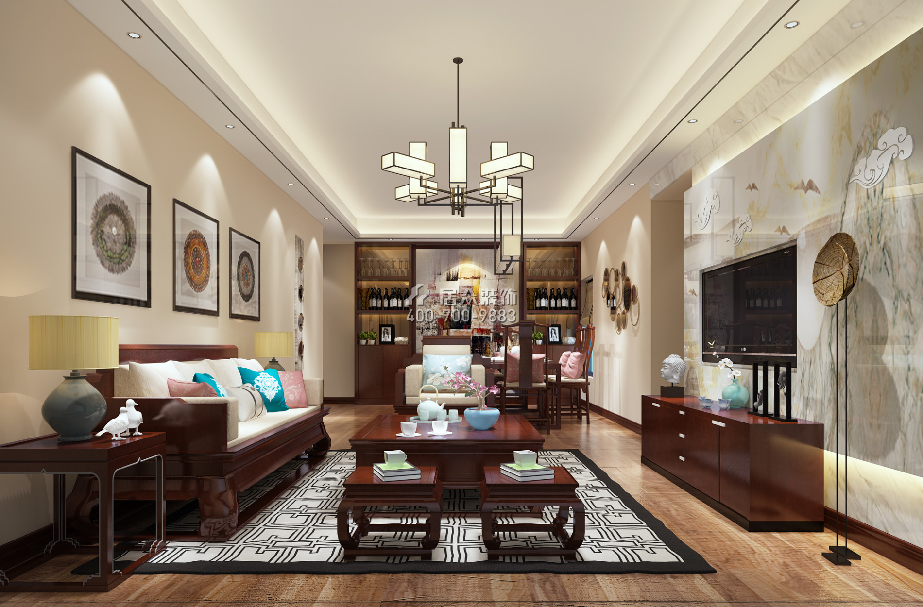 海印长城二期120平方米中式风格平层户型客厅装修效果图