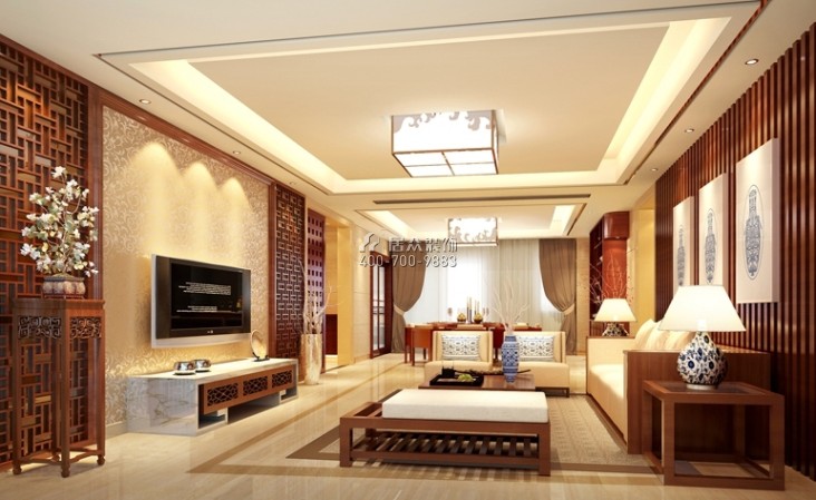 中洲中央公园190平方米中式风格平层户型客厅装修效果图