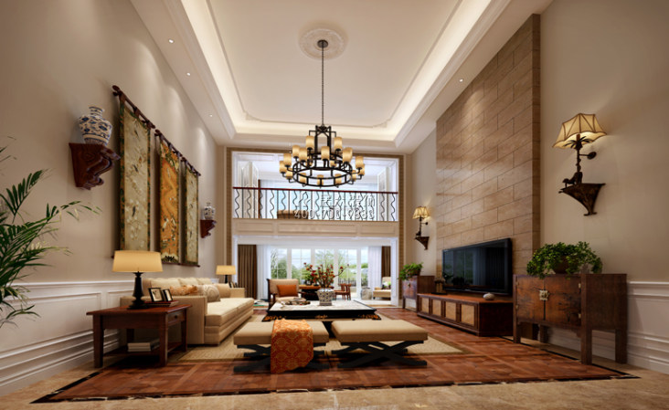 华发峰景湾350平方米美式风格复式户型客厅装修效果图