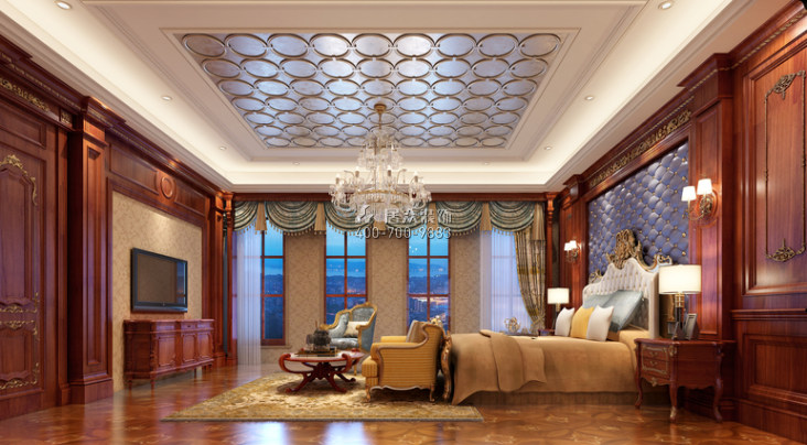 碧桂园1500平方米美式风格别墅户型卧室装修效果图