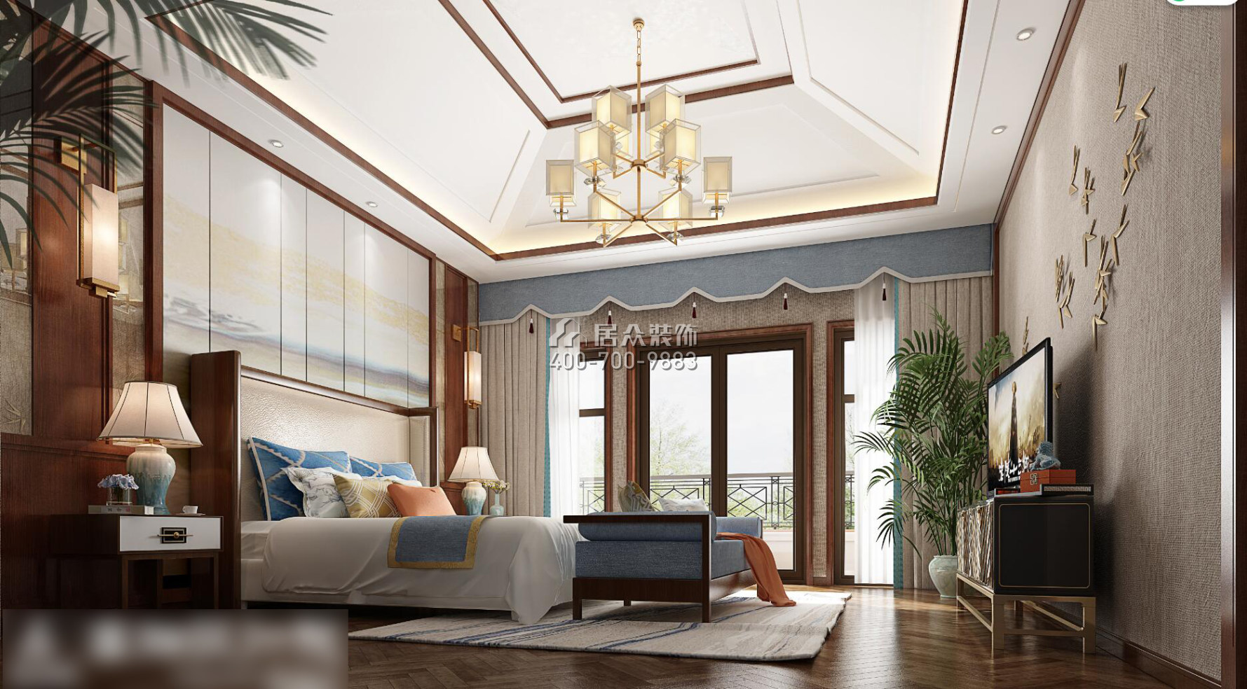 盈峰翠邸500平方米中式风格别墅户型卧室装修效果图