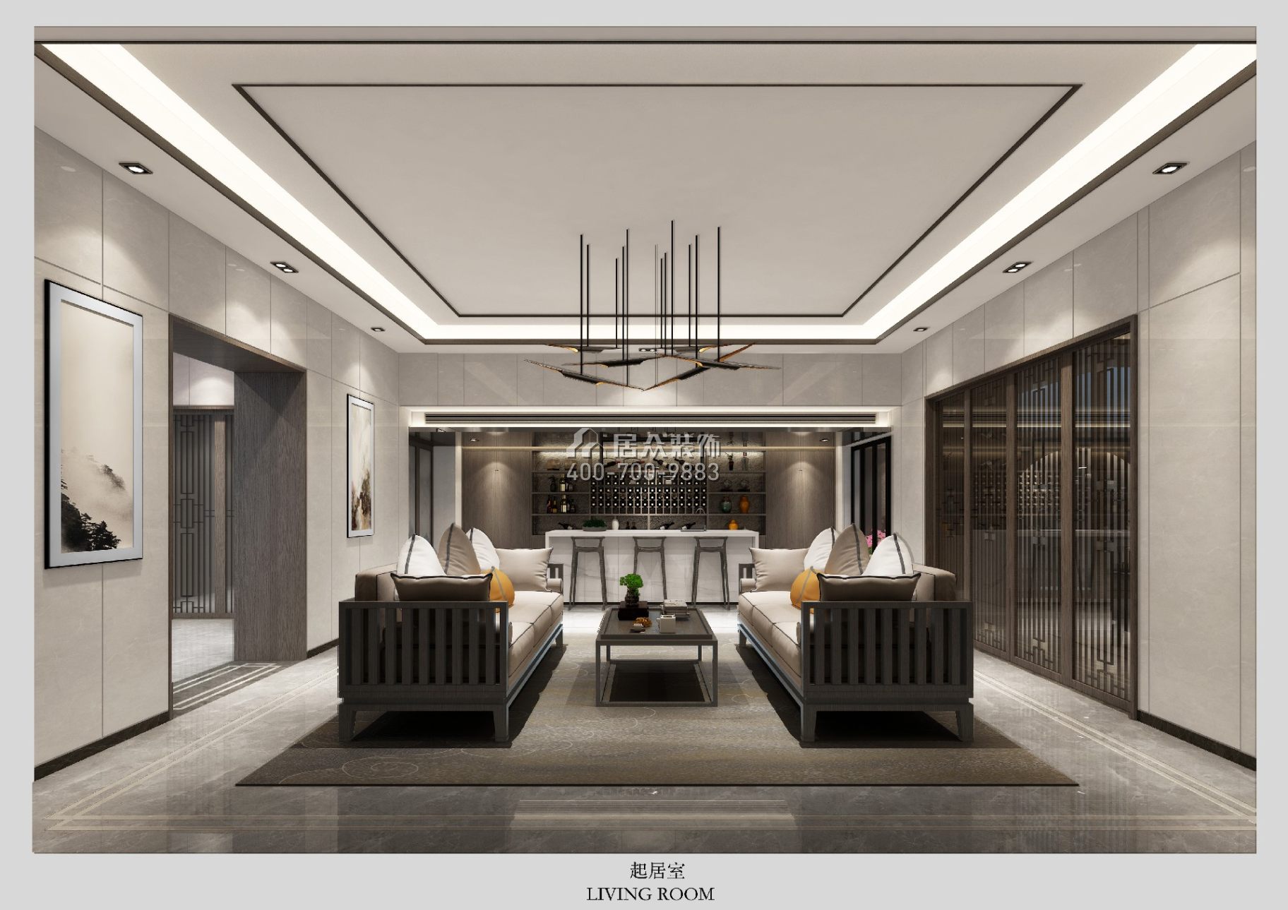 萬科棠樾悅水莊986平方米現代簡約風格別墅戶型客廳裝修效果圖
