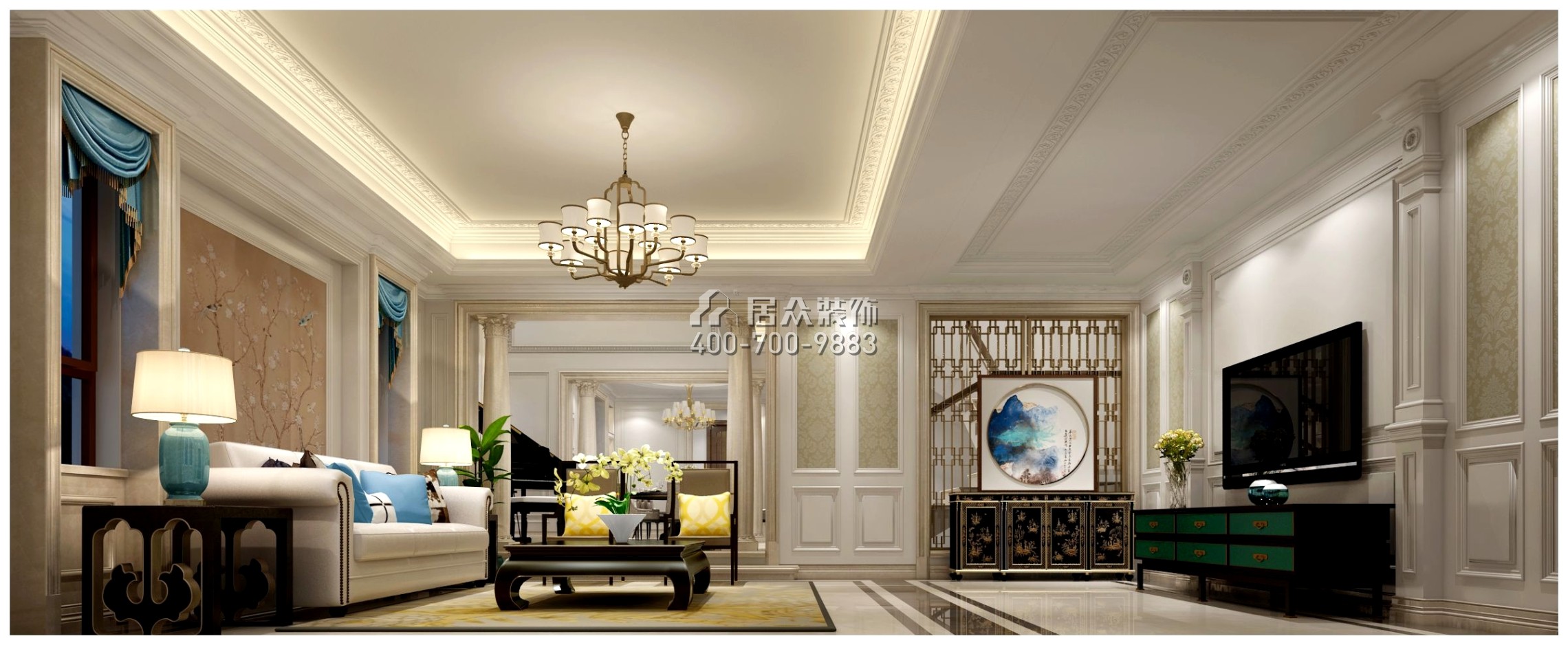 武广新城红墅湾500平方米美式风格别墅户型客厅装修效果图