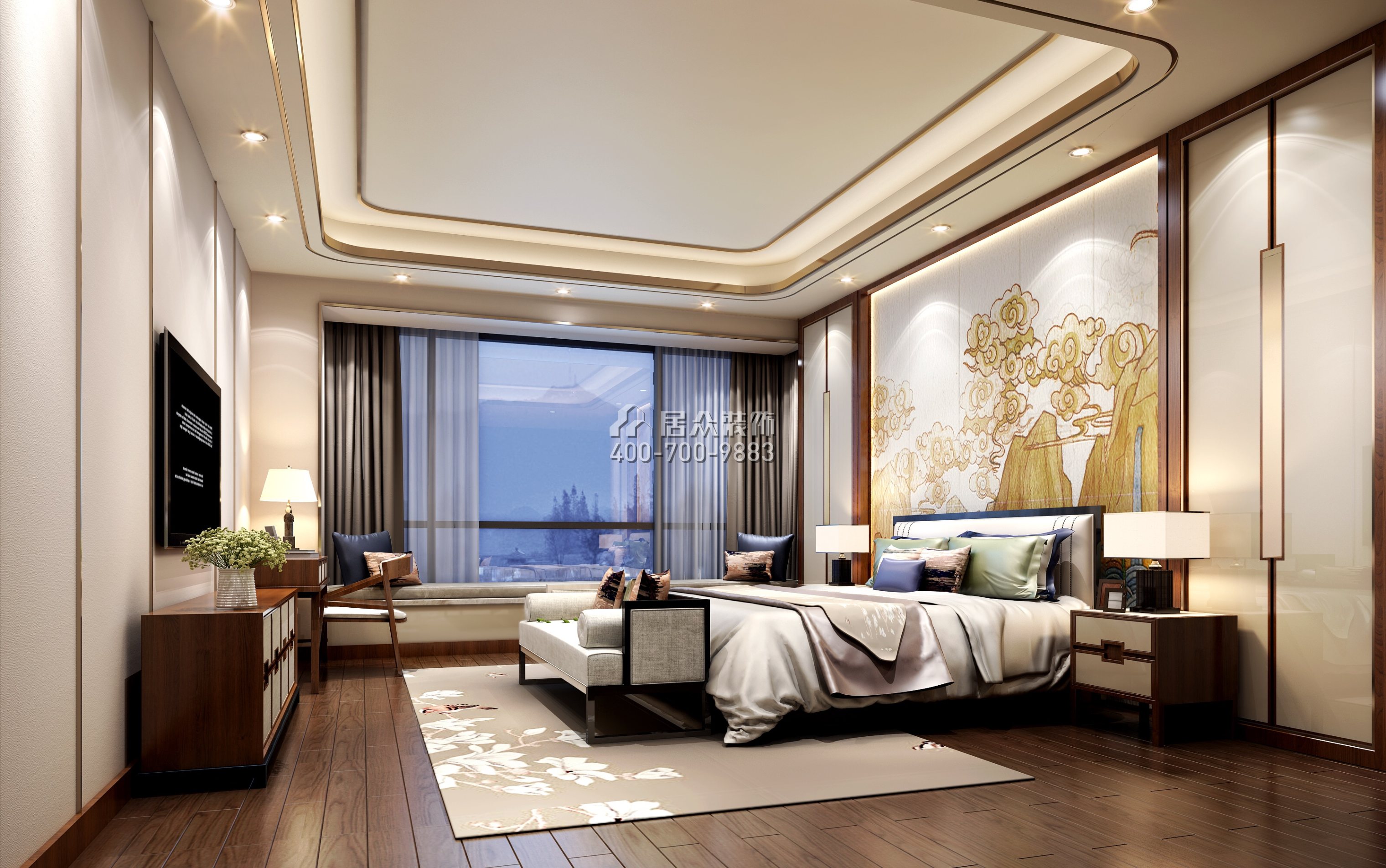 松山湖锦绣山河340平方米中式风格平层户型卧室装修效果图