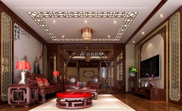 碧海蓝天190平方米中式风格复式户型客厅装修效果图
