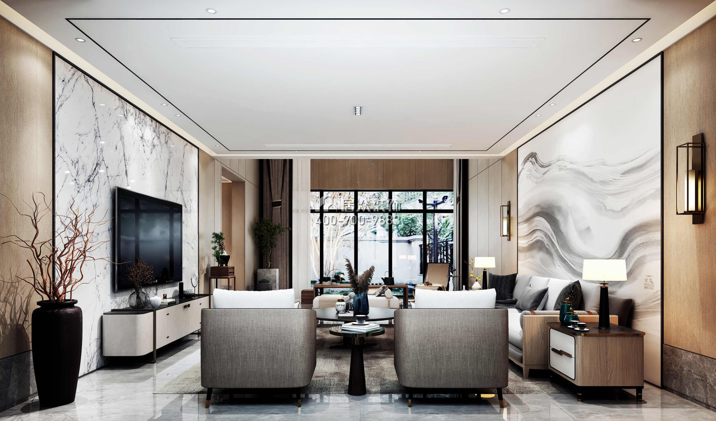 九洲保利天河620平方米中式风格别墅户型客厅kok电竞平台效果图