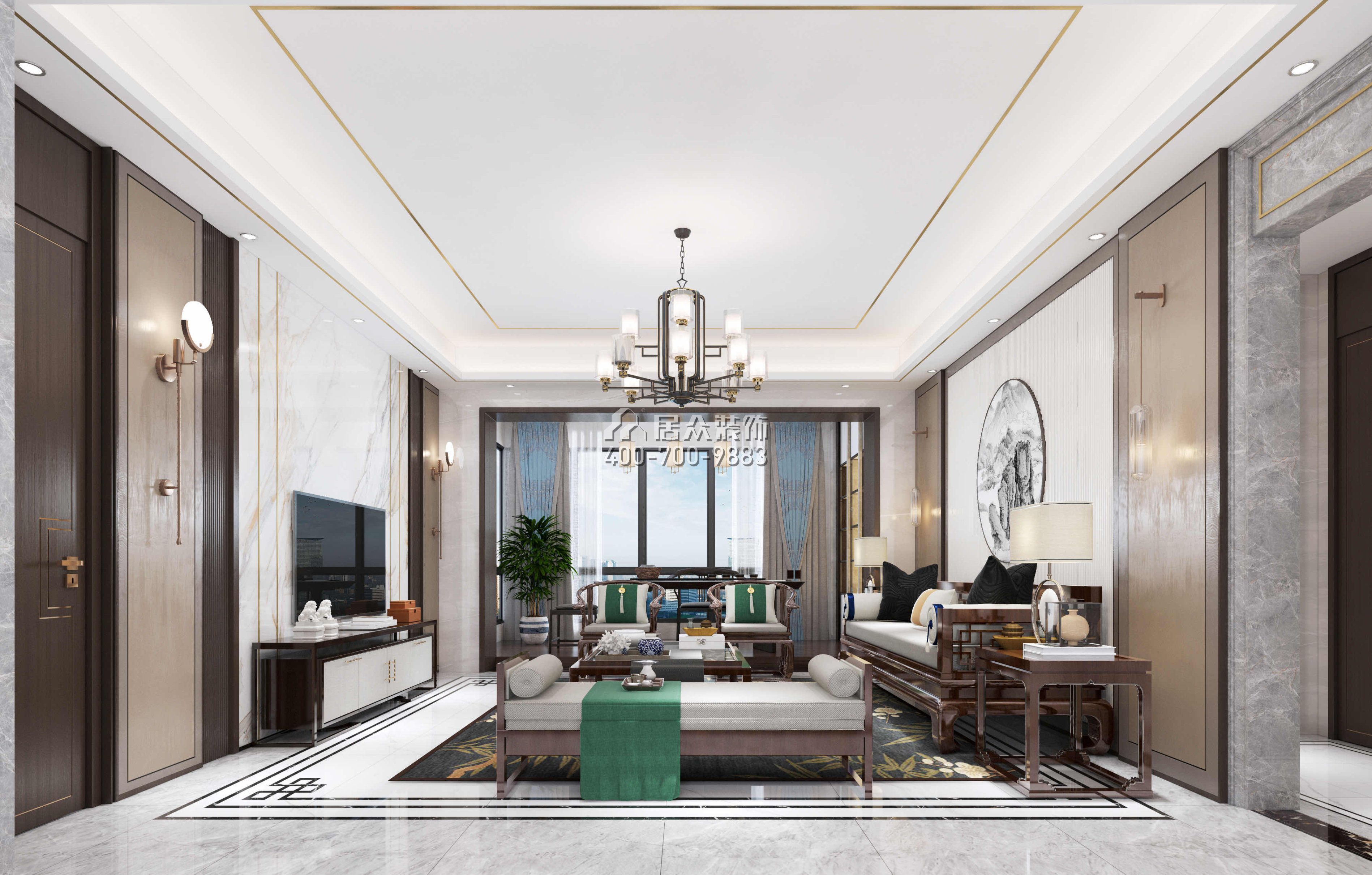 中惠沁林山莊300平方米中式風格復式戶型客廳裝修效果圖