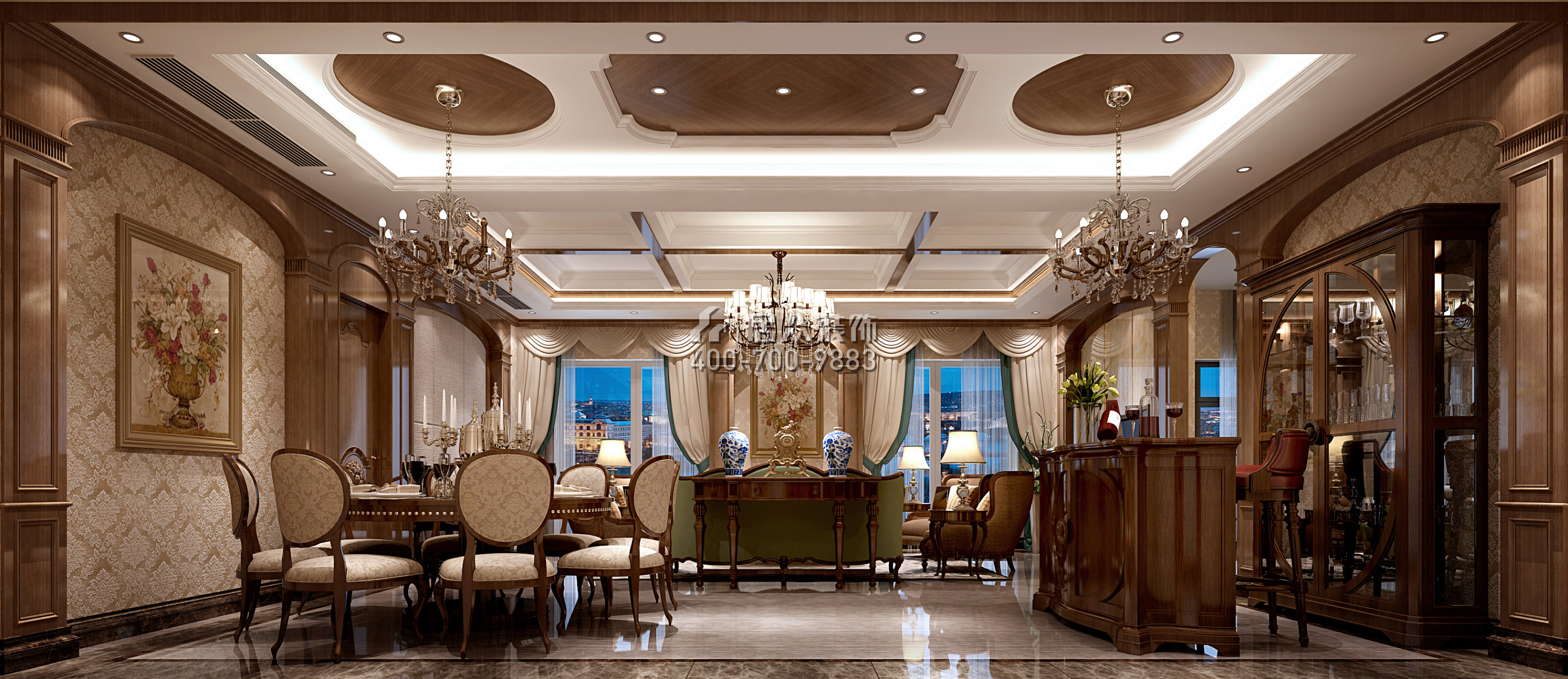 海印長城220平方米美式風格復式戶型客餐廳一體裝修效果圖