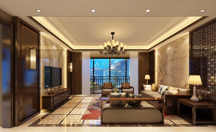 方直珑湖湾165平方米中式风格平层户型客厅装修效果图