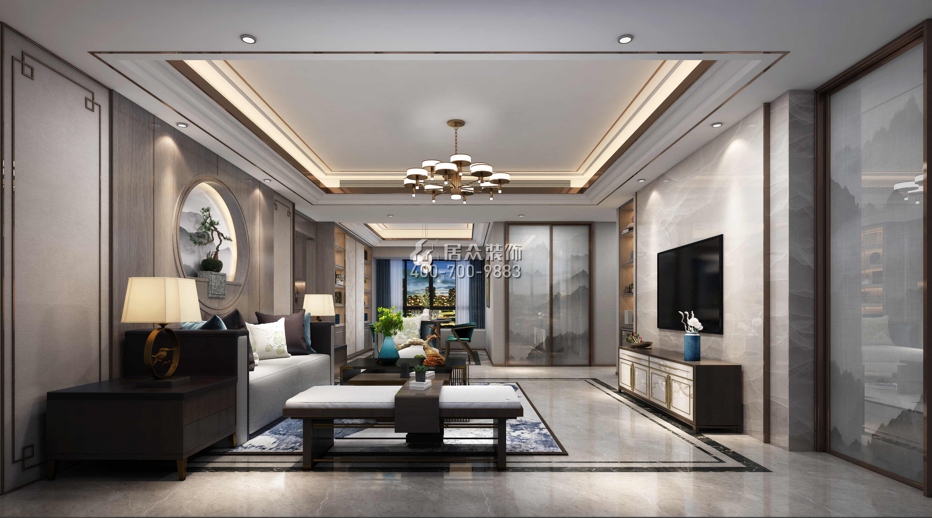 香山美墅五期165平方米中式风格平层户型客厅装修效果图