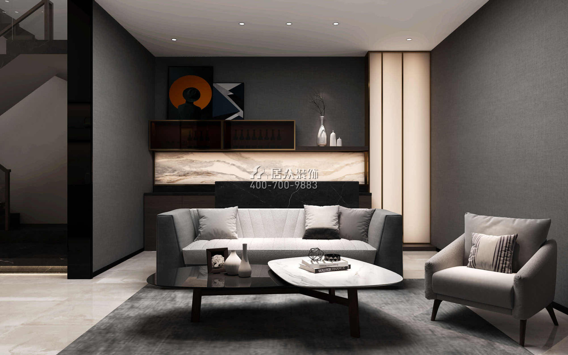 保利中央公园420平方米现代简约风格别墅户型客厅装修效果图