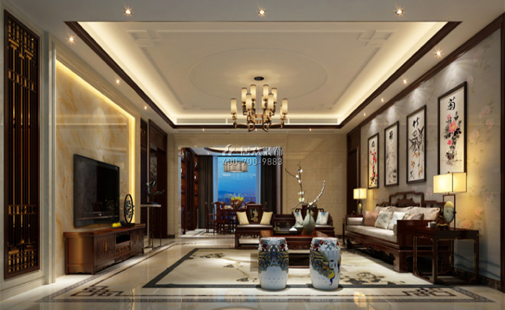 280平方米中式风格平层户型客厅装修效果图