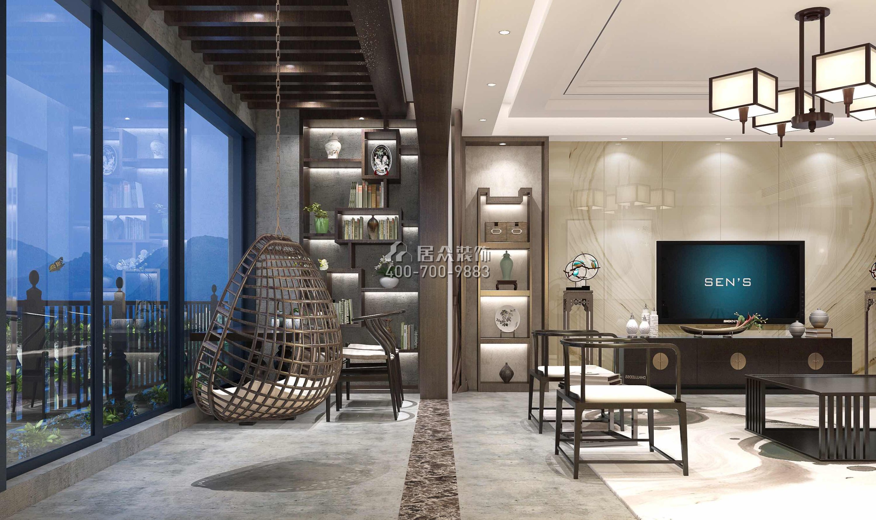 山语清晖二期226平方米中式风格平层户型客厅kok电竞平台效果图