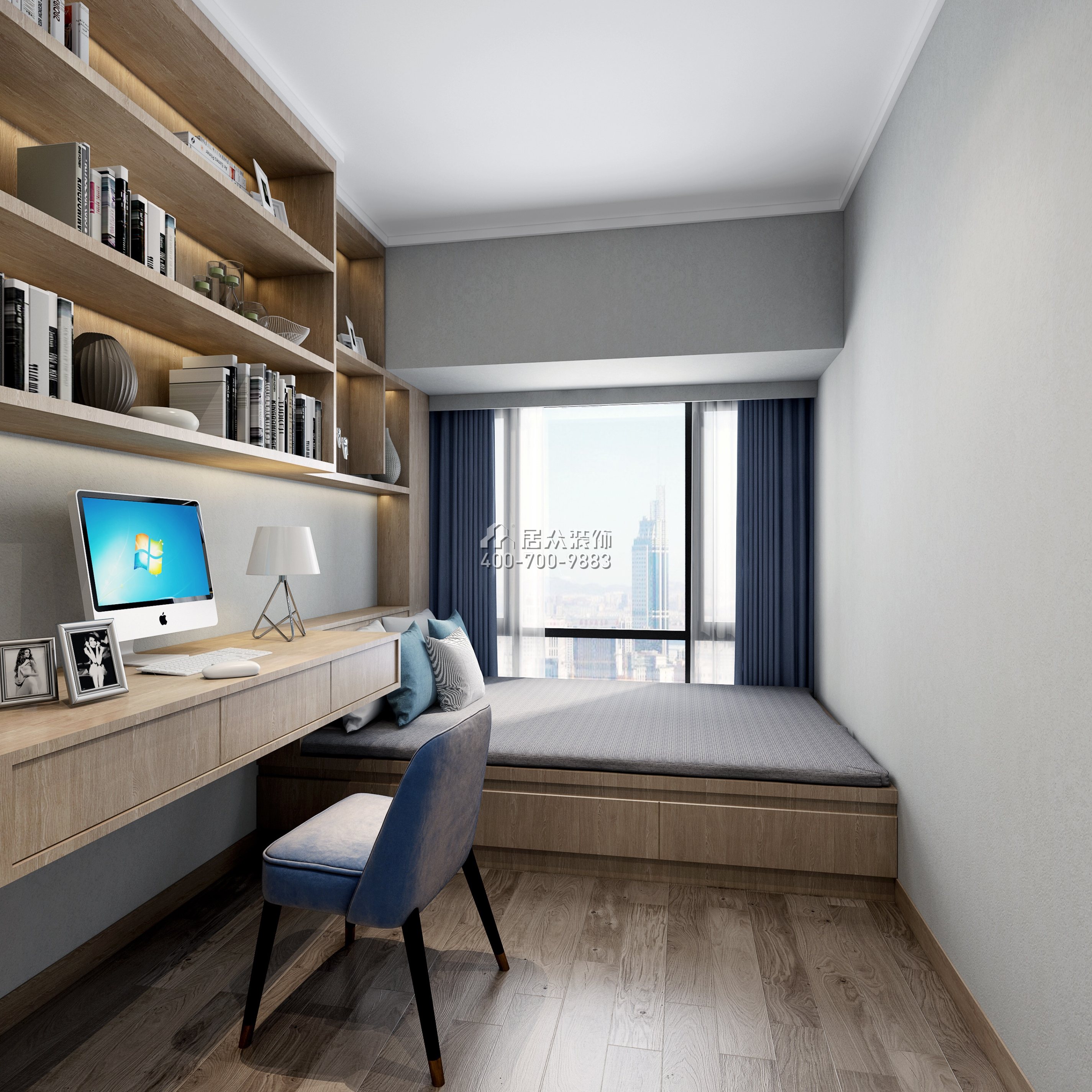 前海東岸128平方米現代簡約風格平層戶型臥室書房一體裝修效果圖