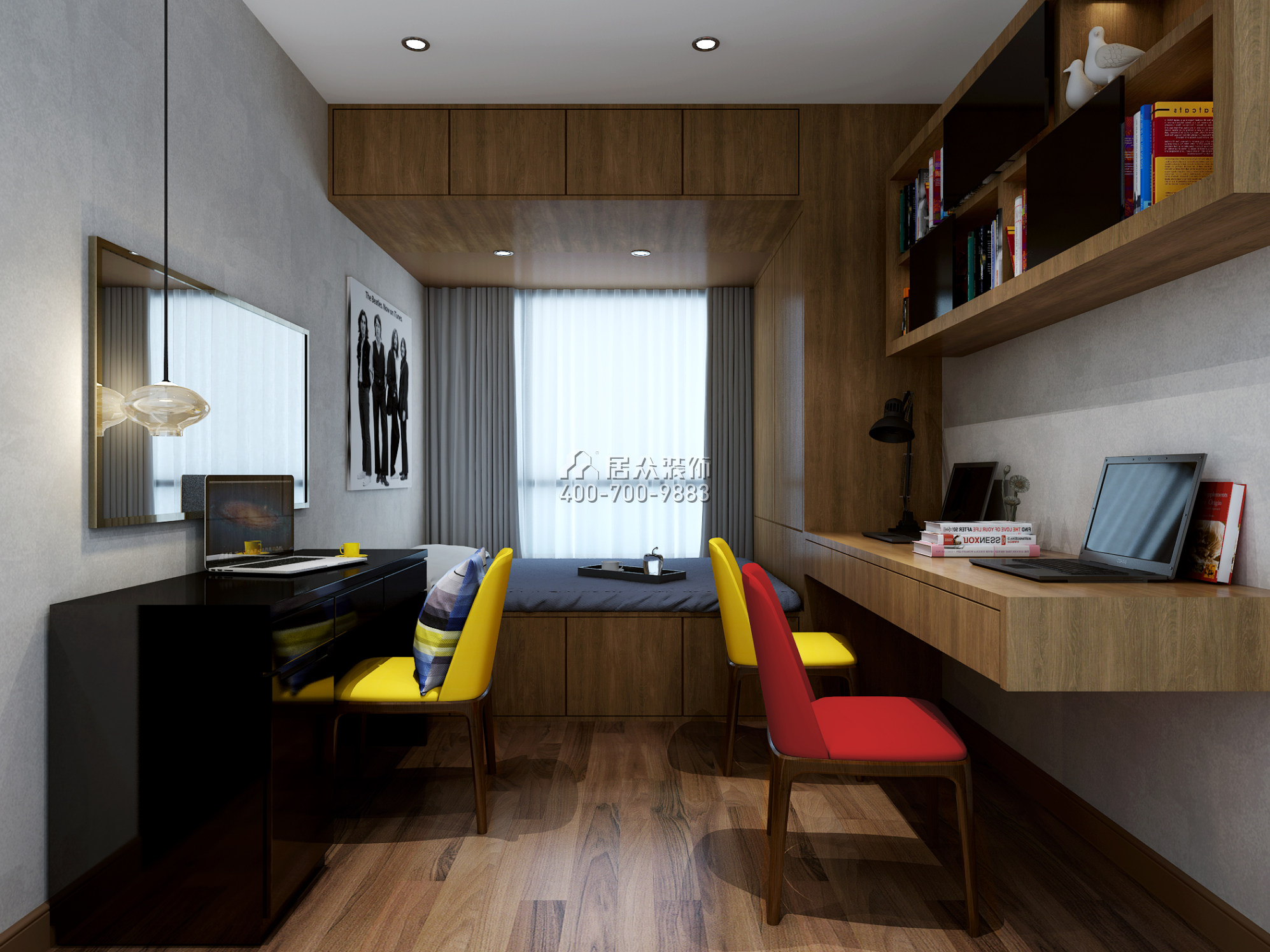 中粮云景国际89平方米北欧风格平层户型卧室书房一体装修效果图