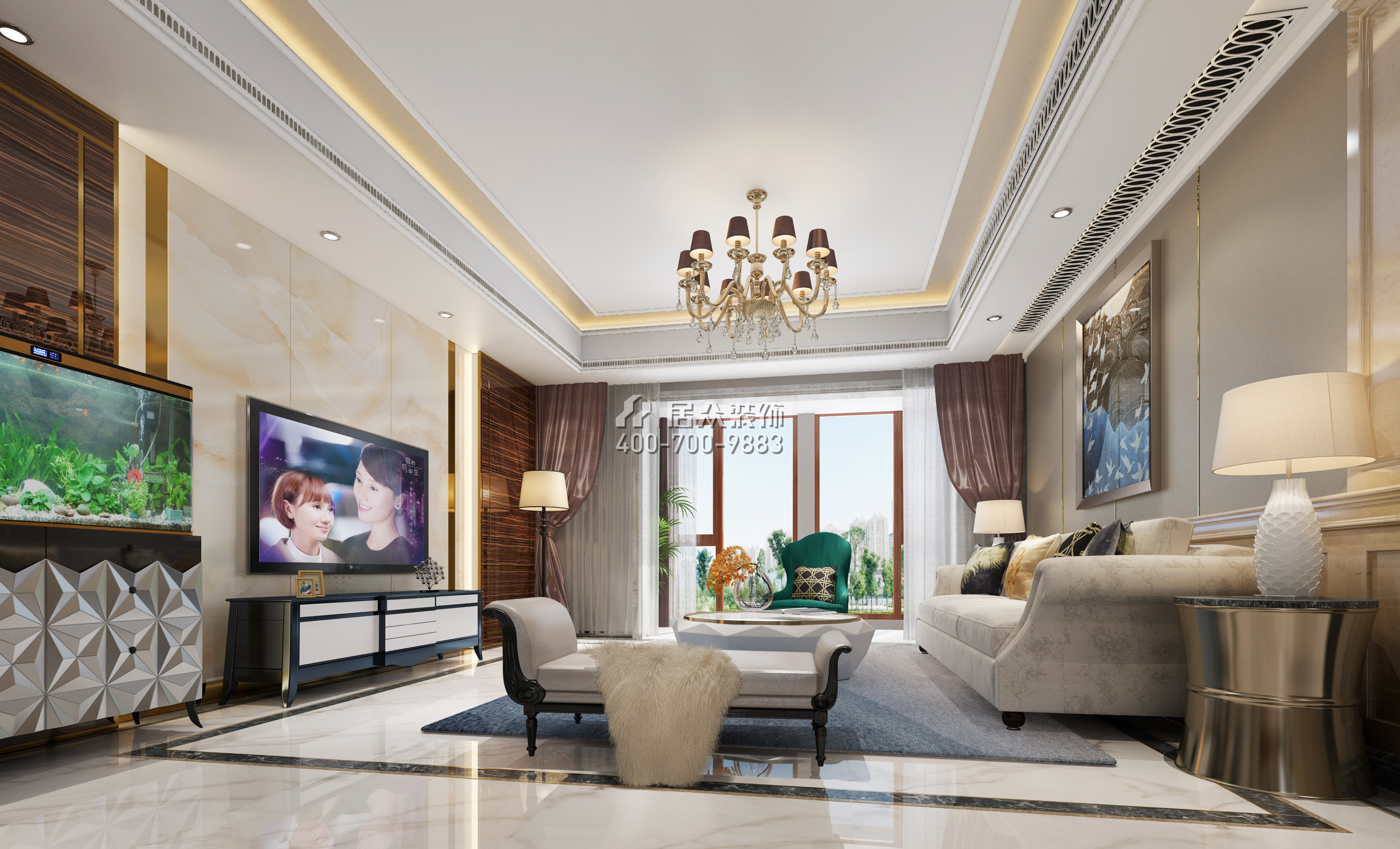 第六都170平方米新古典风格平层户型客厅装修效果图