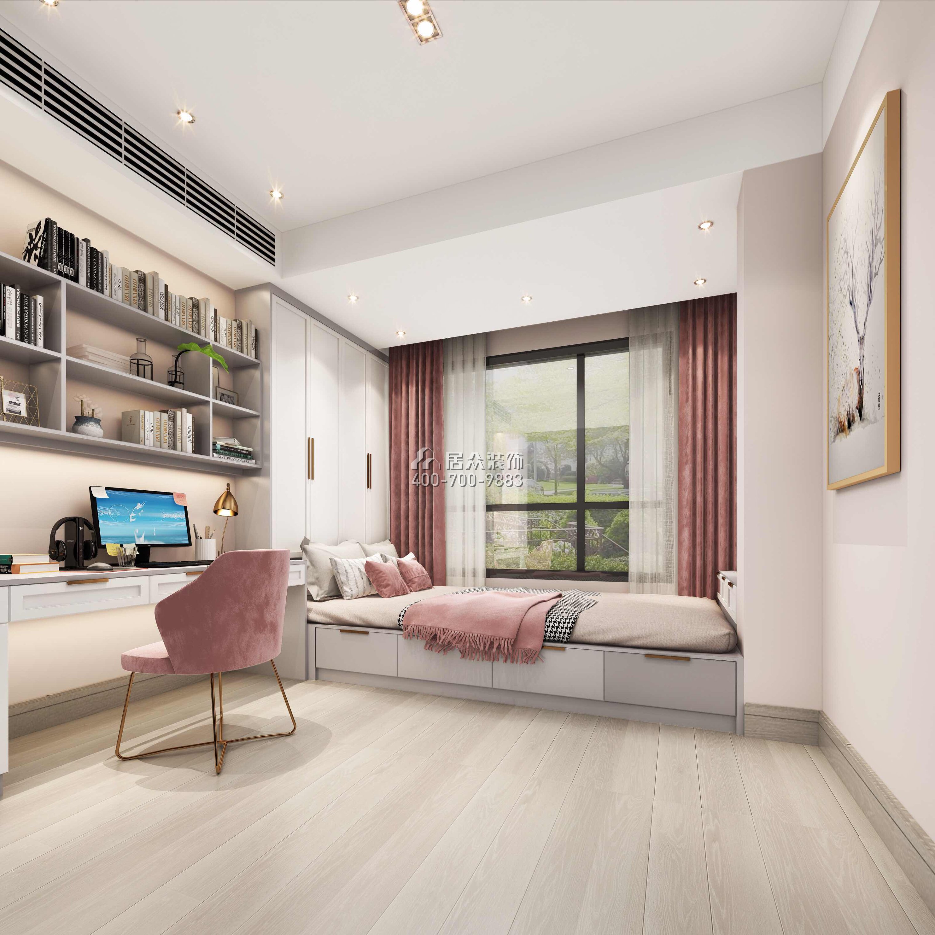 达鑫江滨新城250平方米现代简约风格平层户型卧室书房一体装修效果图