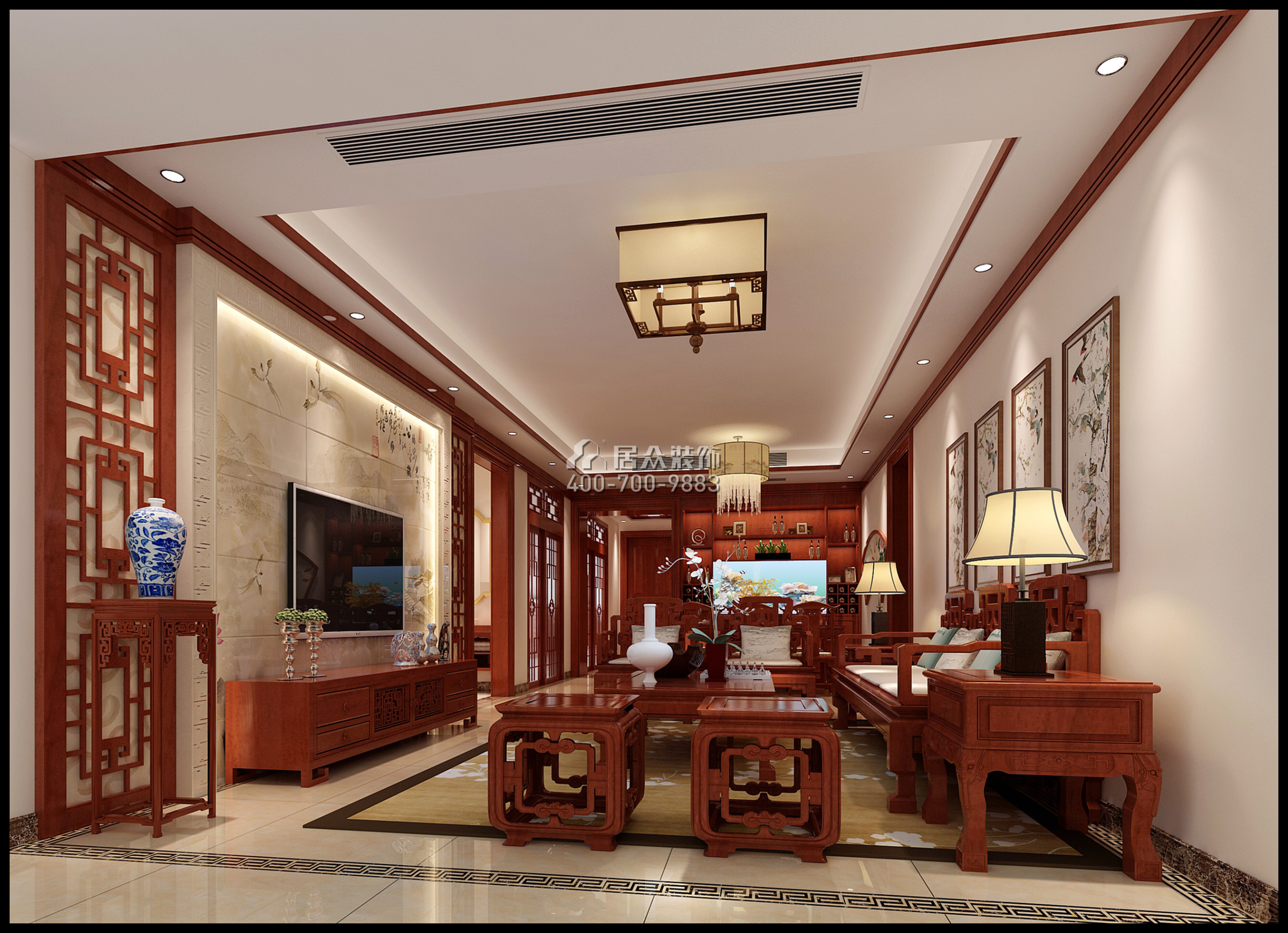 仁山智水花园一期140平方米中式风格平层户型客厅装修效果图