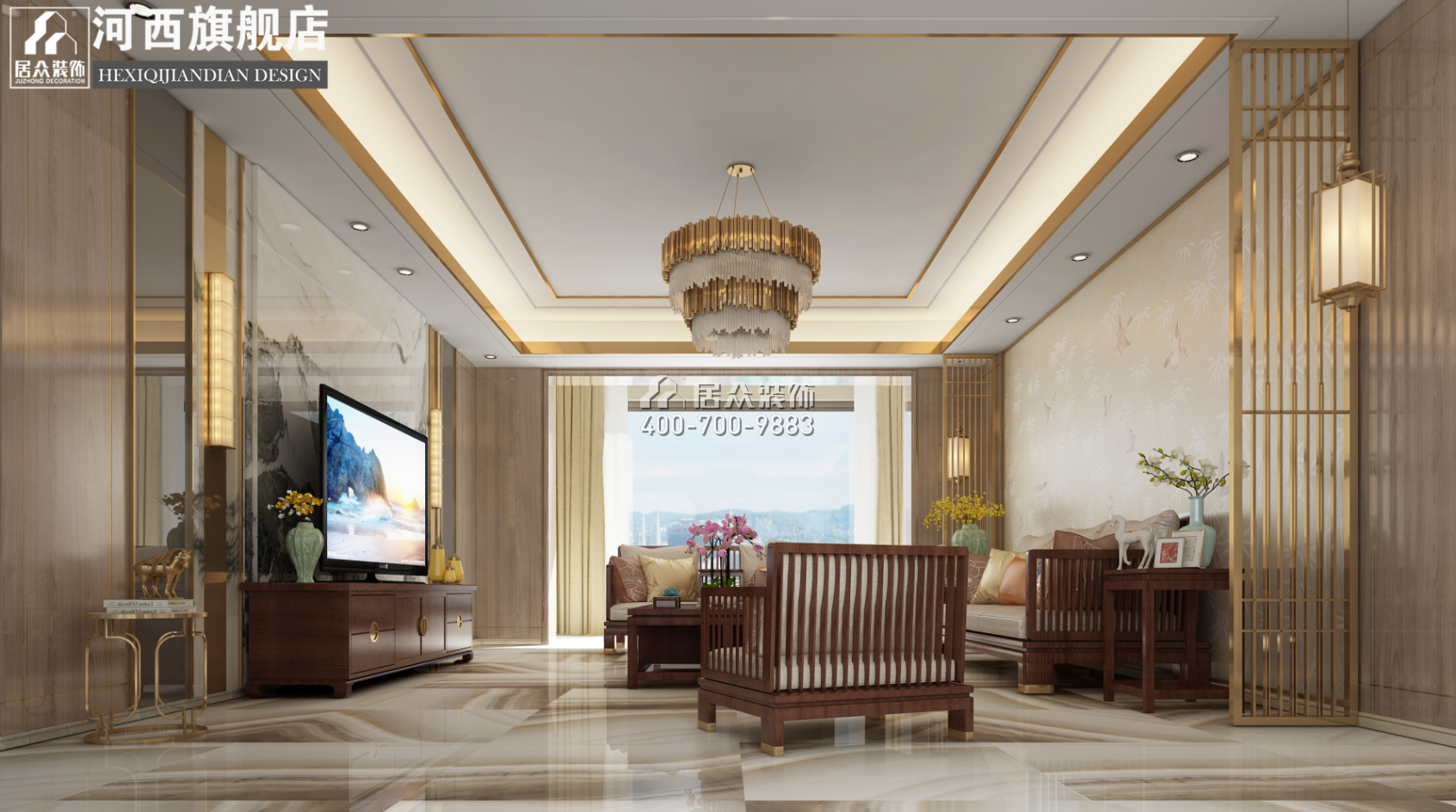 世茂外滩里215平方米中式风格平层户型客厅装修效果图