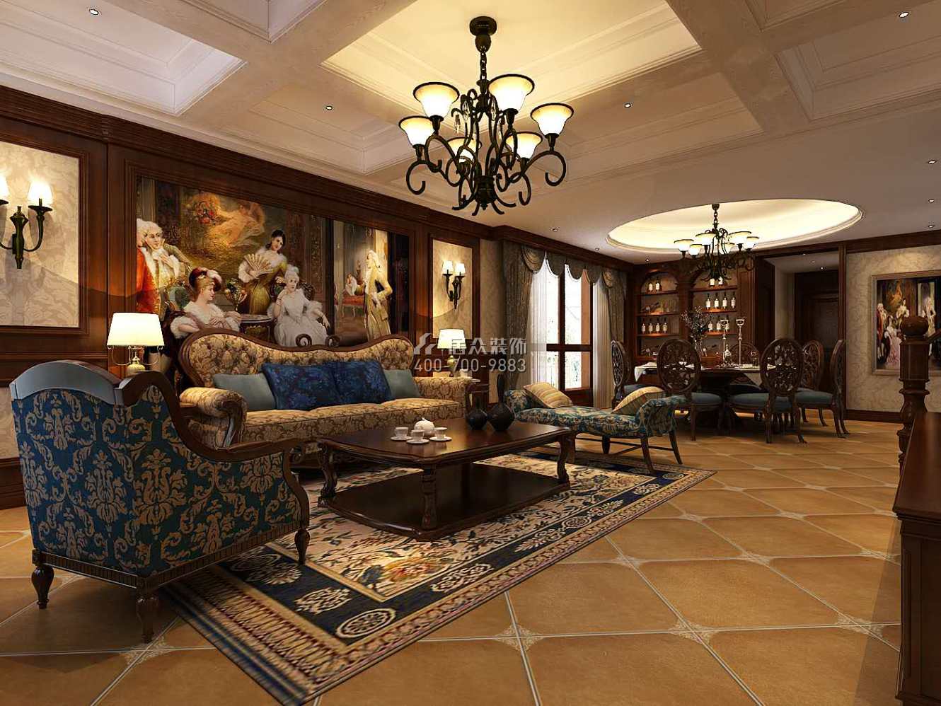 龙吟水榭400平方米美式风格别墅户型客厅装修效果图