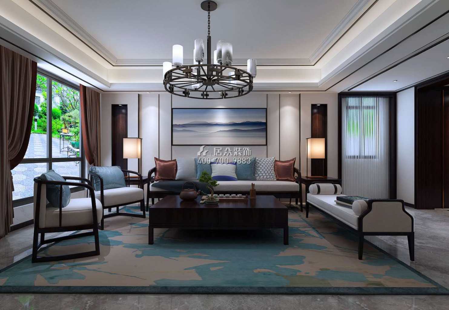 龙吟水榭500平方米中式风格别墅户型客厅装修效果图