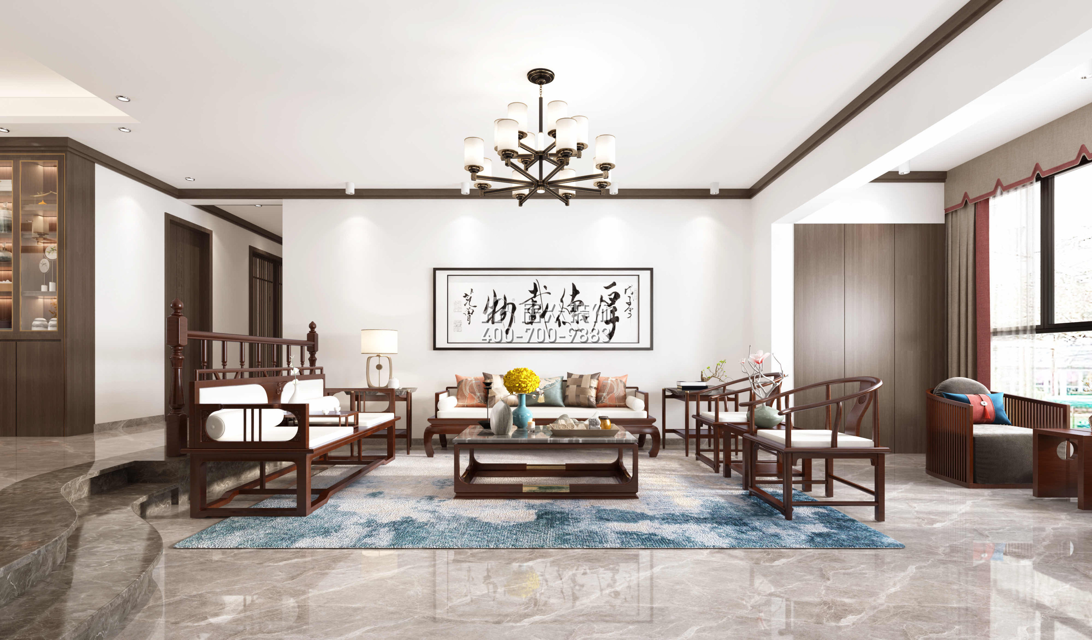 錦繡國際花城200平方米中式風格平層戶型客廳裝修效果圖