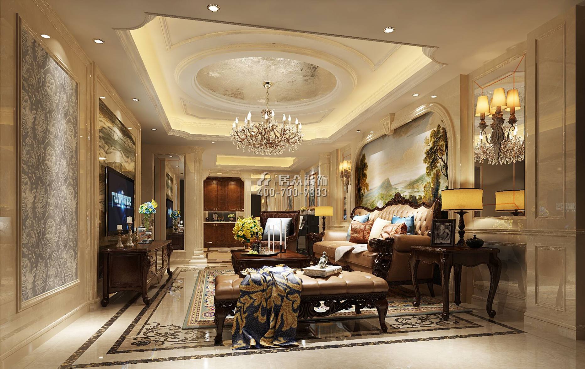 全盛紫悅龍庭165平方米美式風格復式戶型客廳裝修效果圖