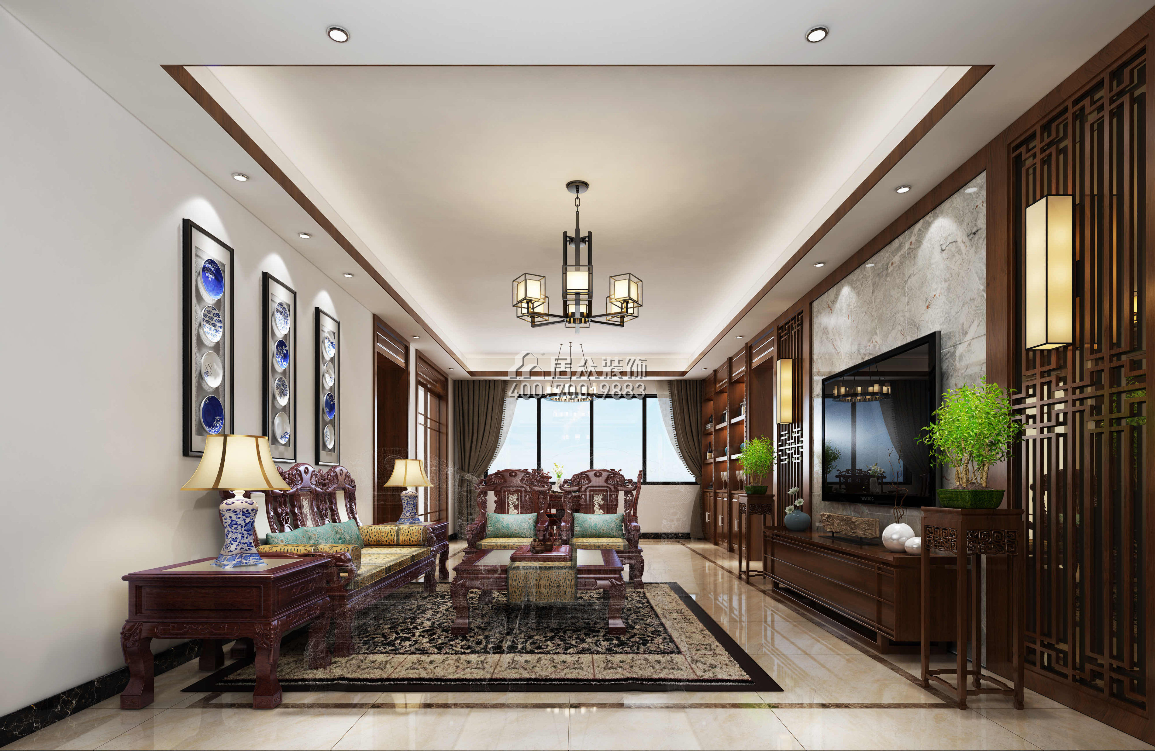 御景龍湖130平方米中式風格平層戶型客廳裝修效果圖