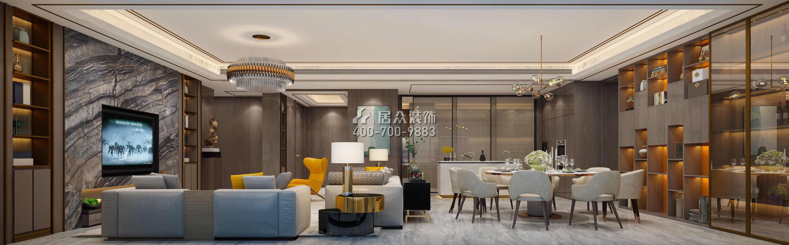 兰江山第二期313平方米中式风格平层户型客餐厅一体装修效果图
