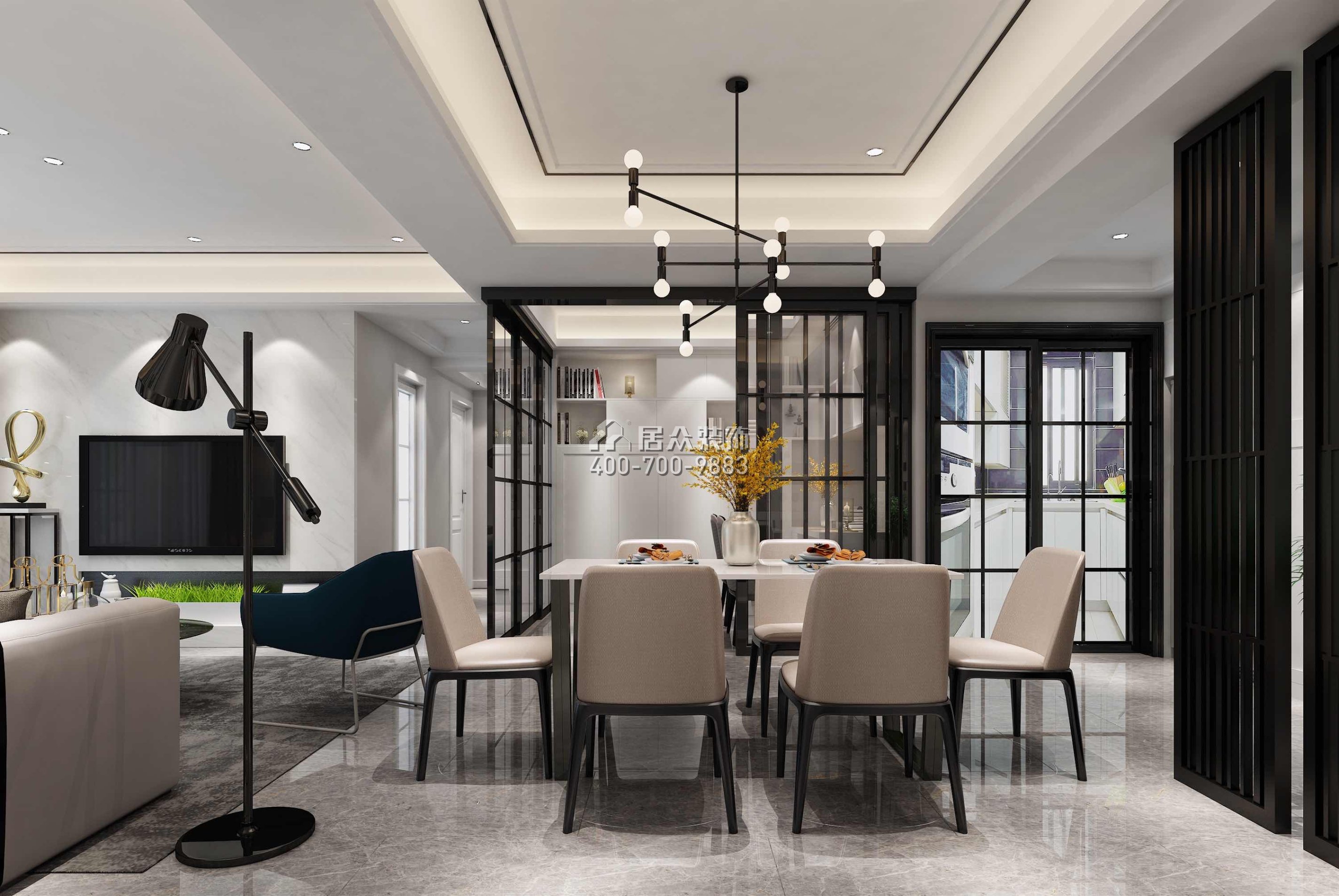 博林天瑞89平方米现代简约风格平层户型客餐厅一体装修效果图