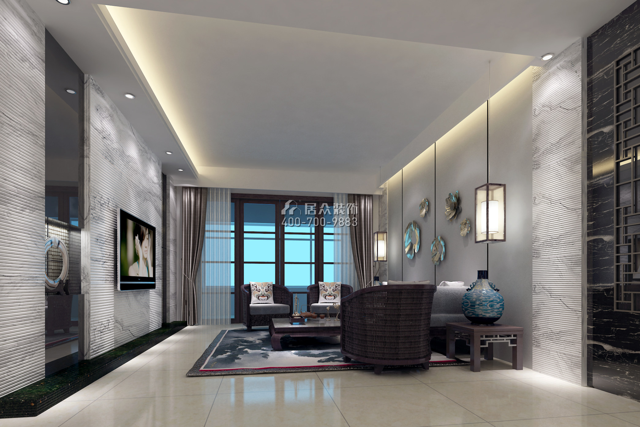 保利新天地153平方米中式风格平层户型客厅装修效果图