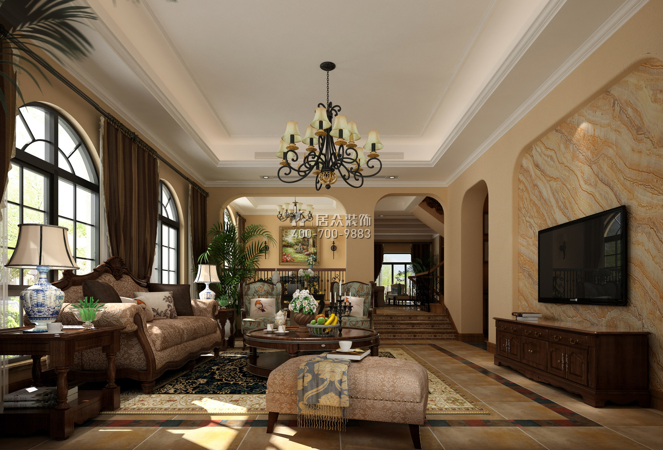 水印加州650平方米美式風格別墅戶型客廳裝修效果圖
