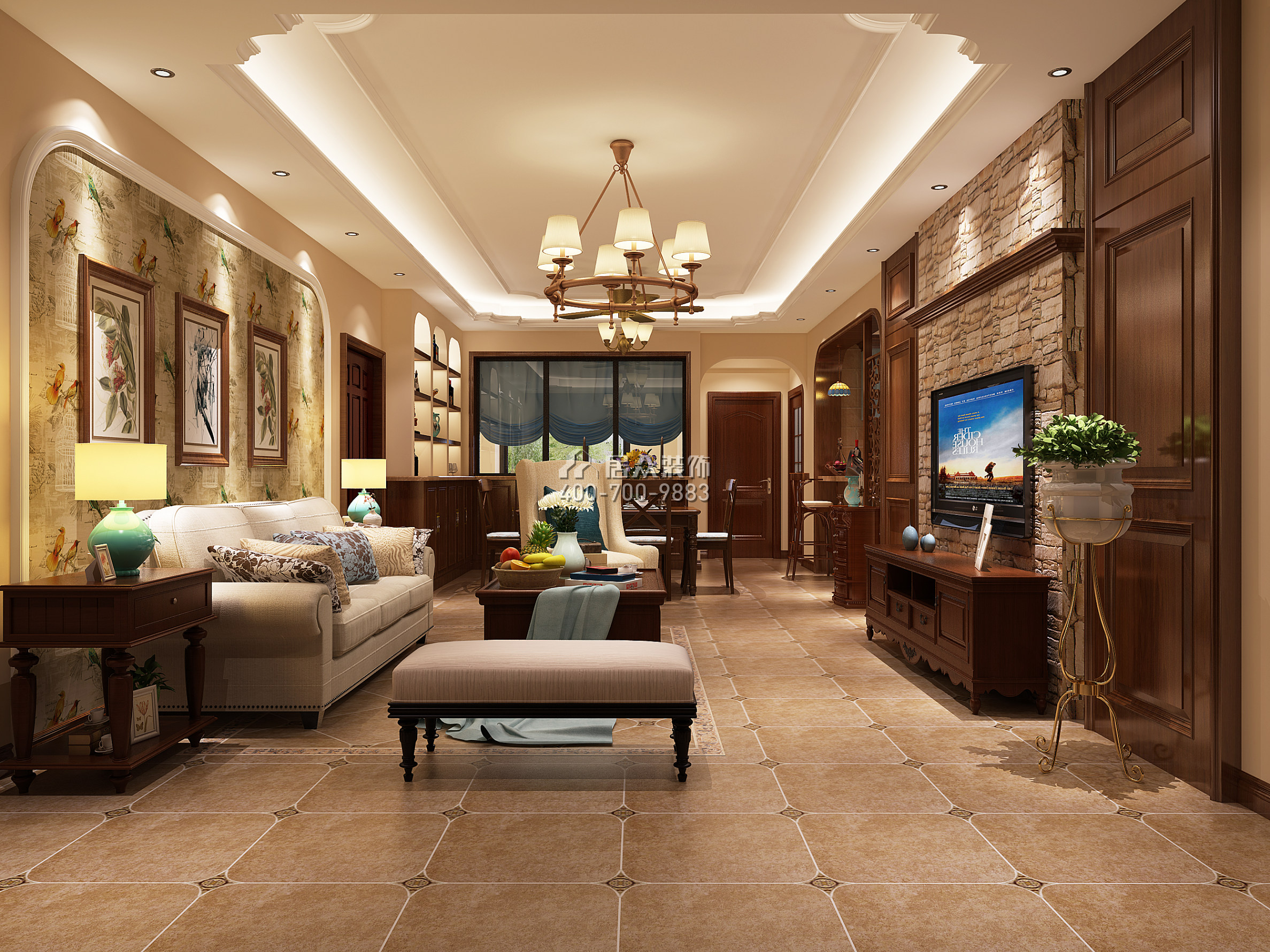 奥园神农养生城114平方米美式风格平层户型客厅装修效果图