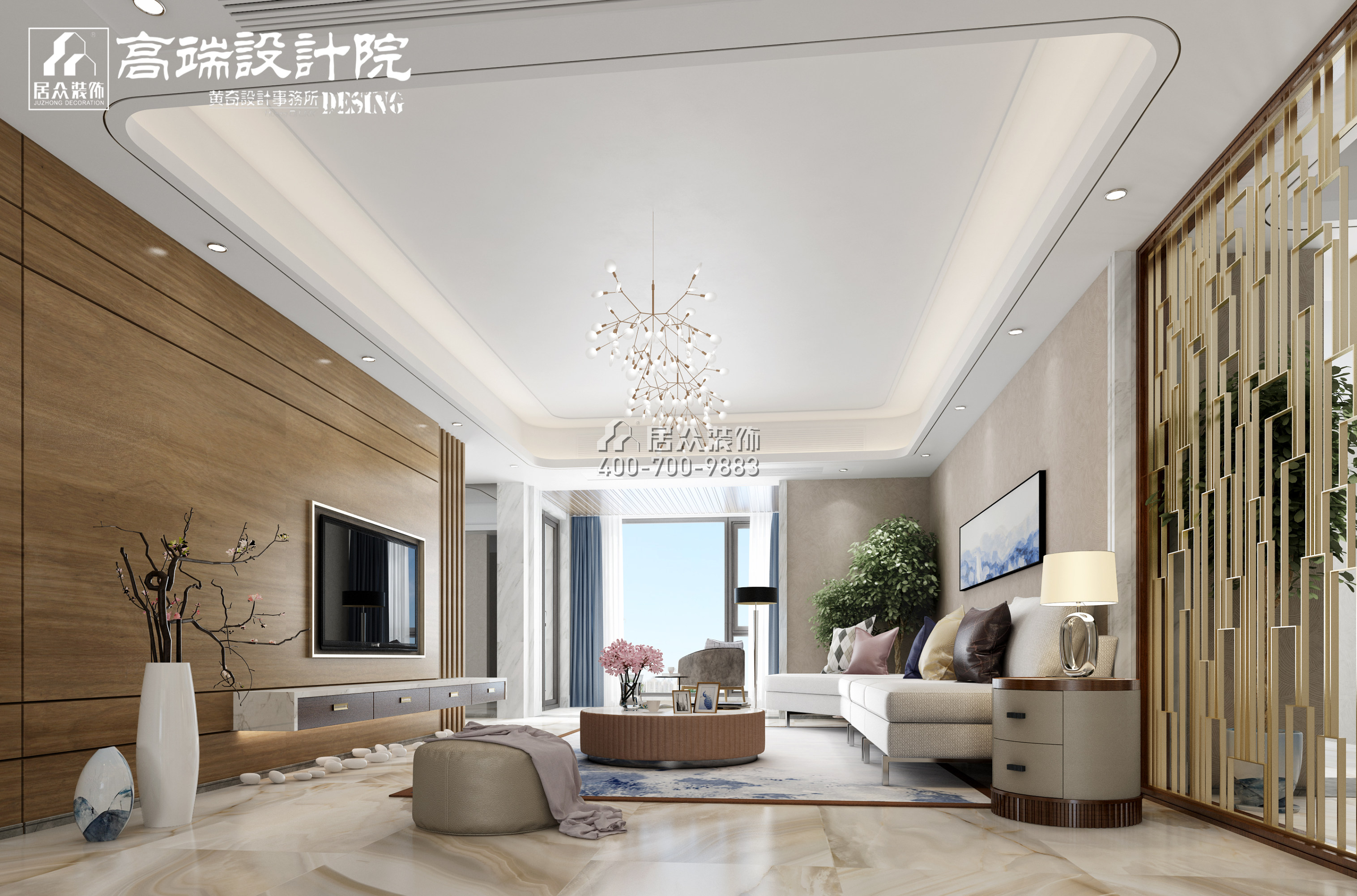 湘江一号320平方米现代简约风格平层户型客厅装修效果图
