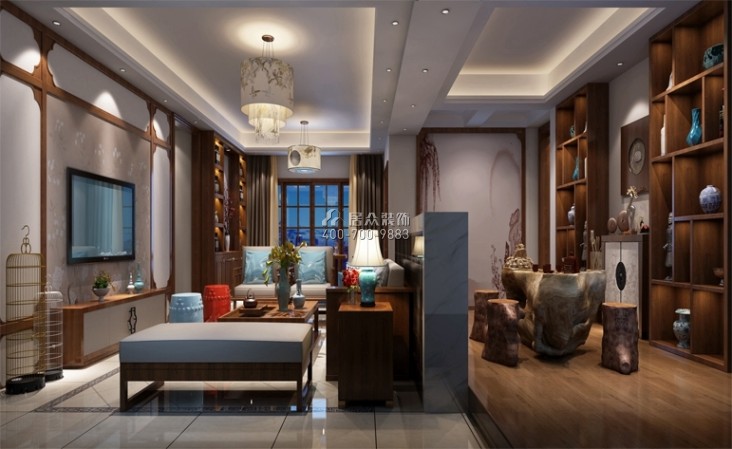 龙吟水榭140平方米中式风格平层户型客厅装修效果图