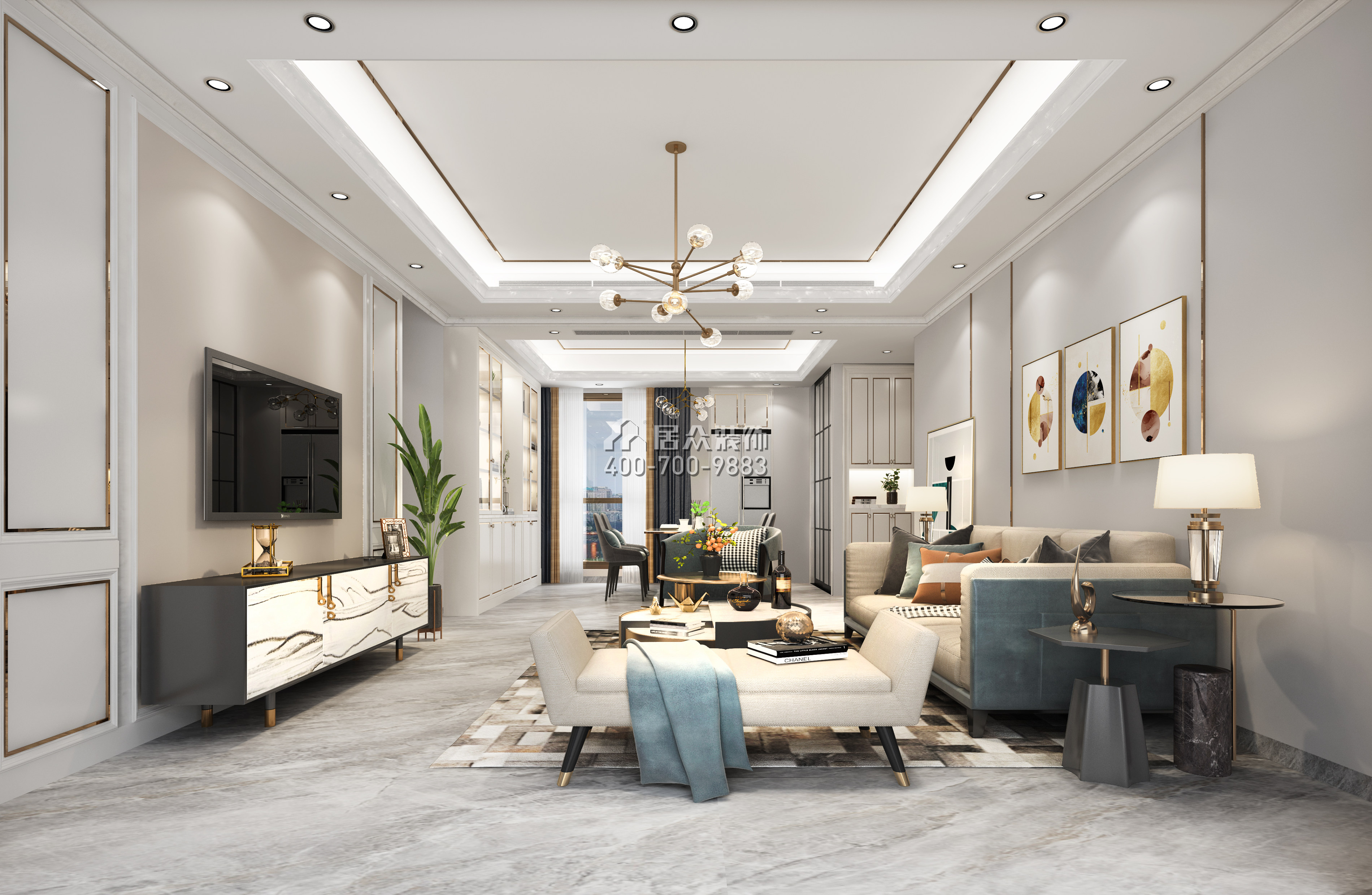 中颐海伦堡110平方米美式风格平层户型客厅装修效果图