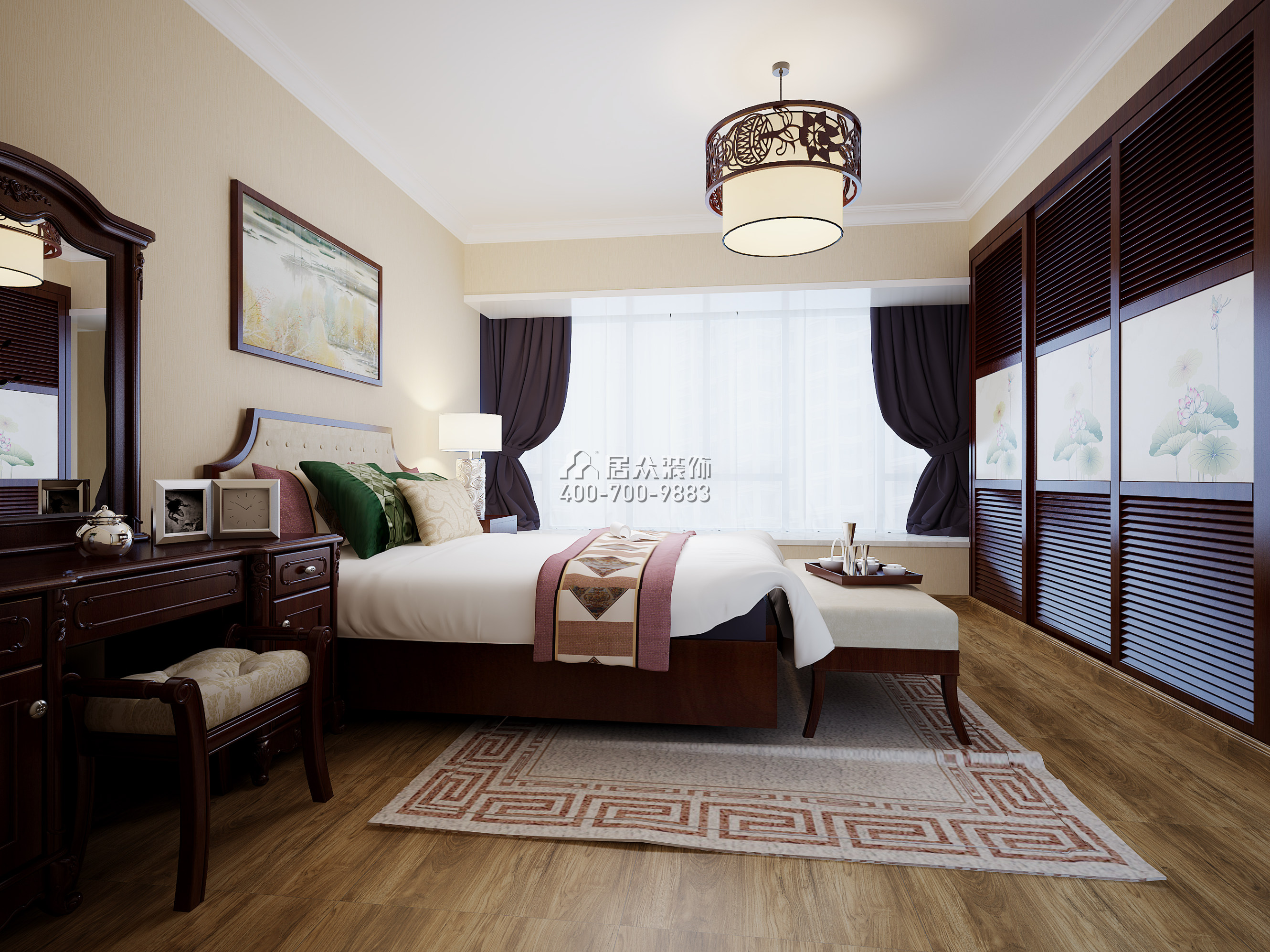 幸福城二期89平方米中式风格平层户型卧室装修效果图
