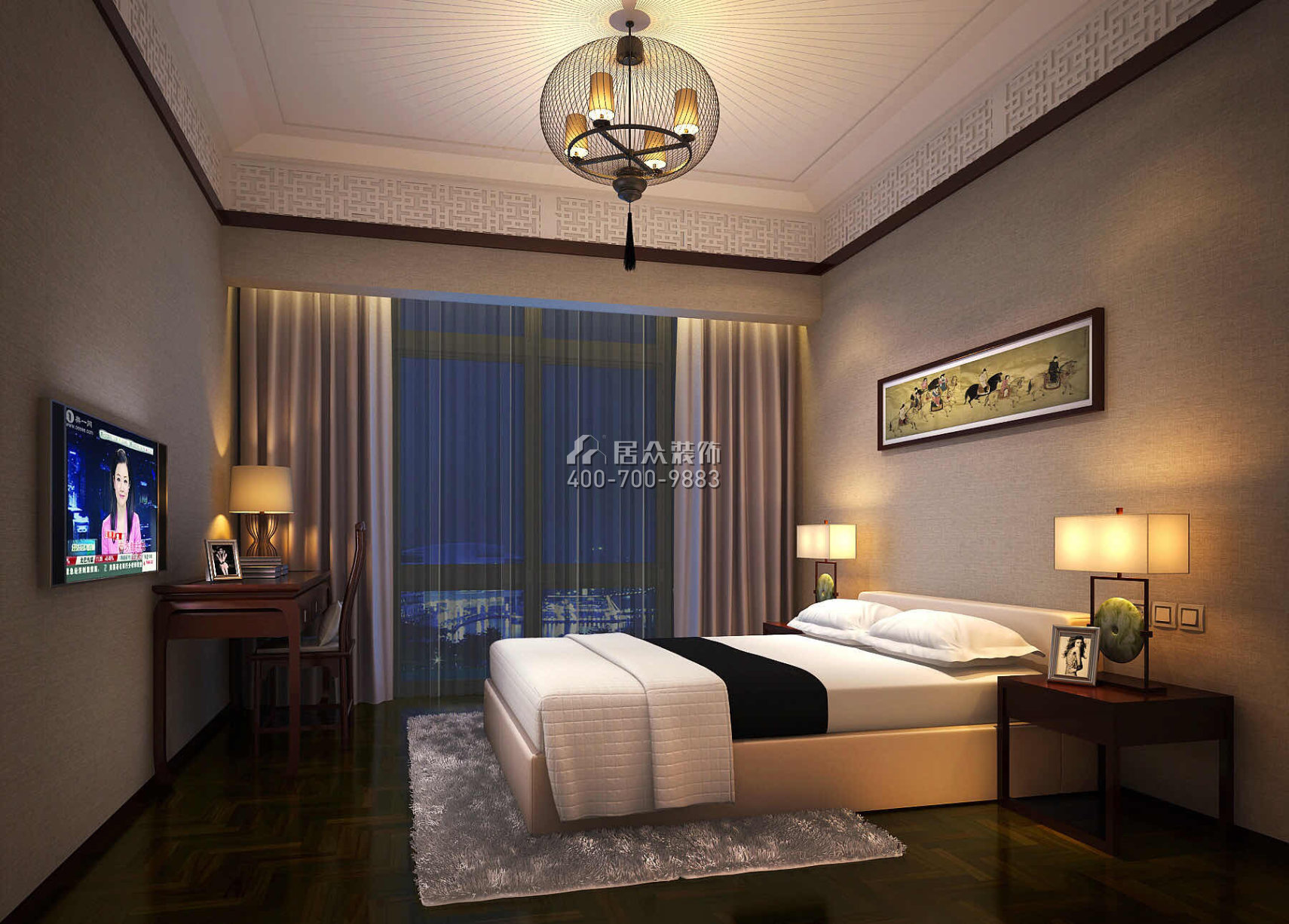 翠岭华庭120平方米中式风格平层户型卧室装修效果图