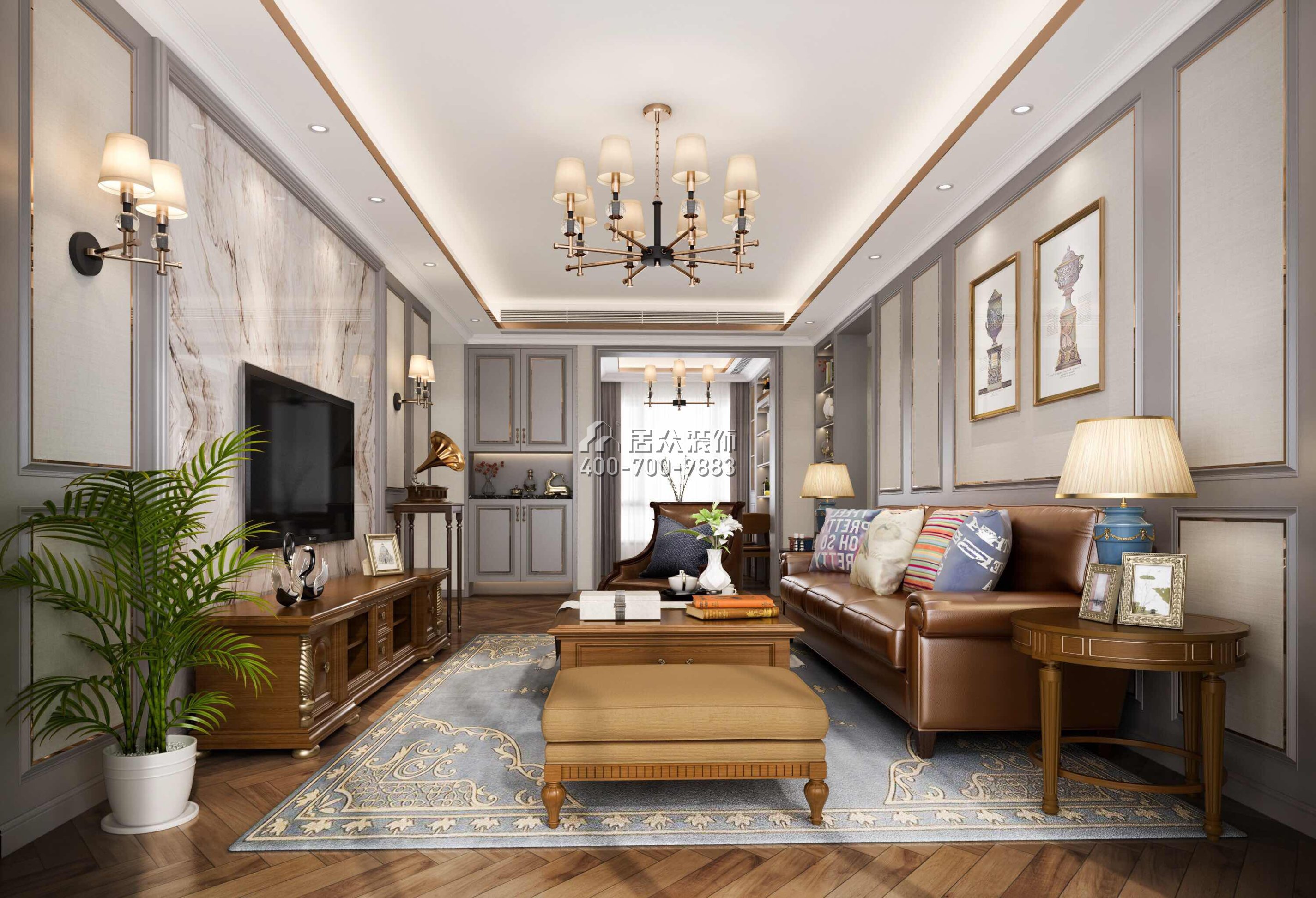 光明一号三期89平方米美式风格平层户型客厅装修效果图
