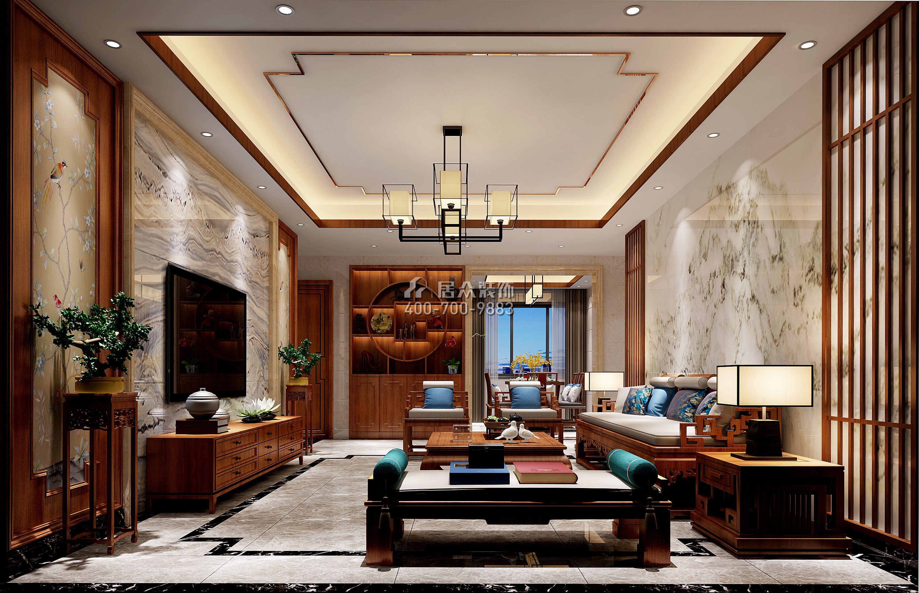 碧湖花园130平方米中式风格平层户型客厅装修效果图