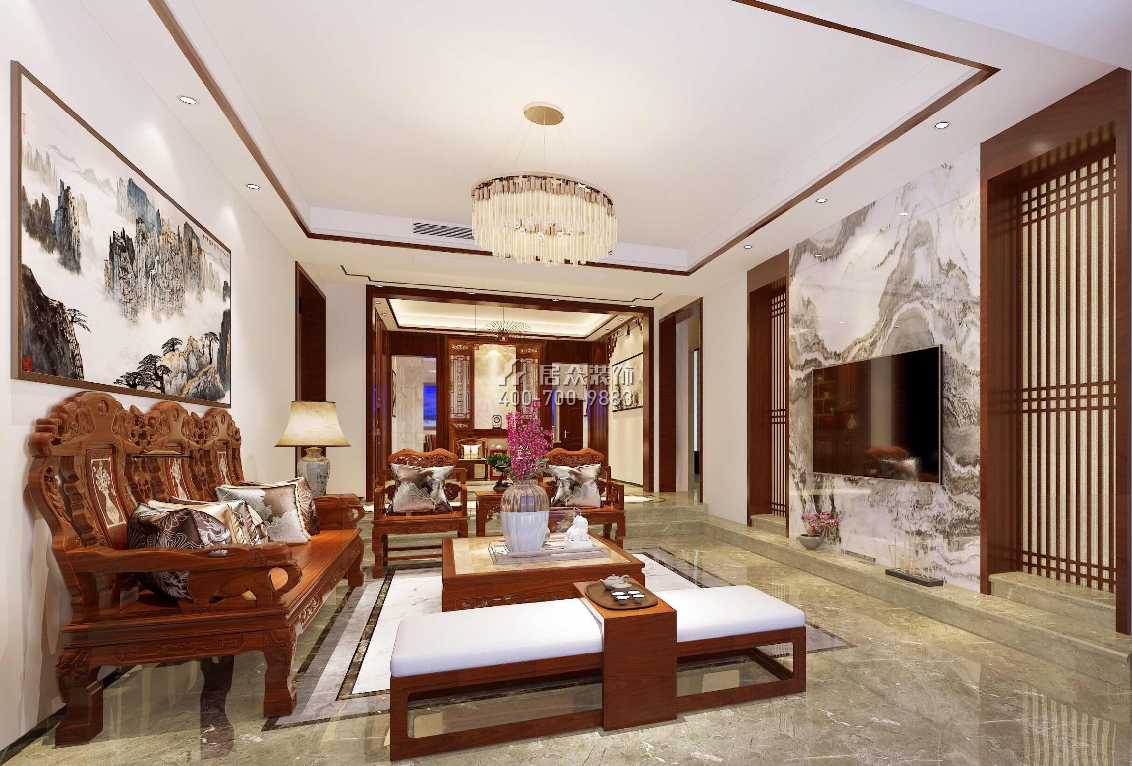雅居樂白鷺湖300平方米中式風格平層戶型客廳裝修效果圖