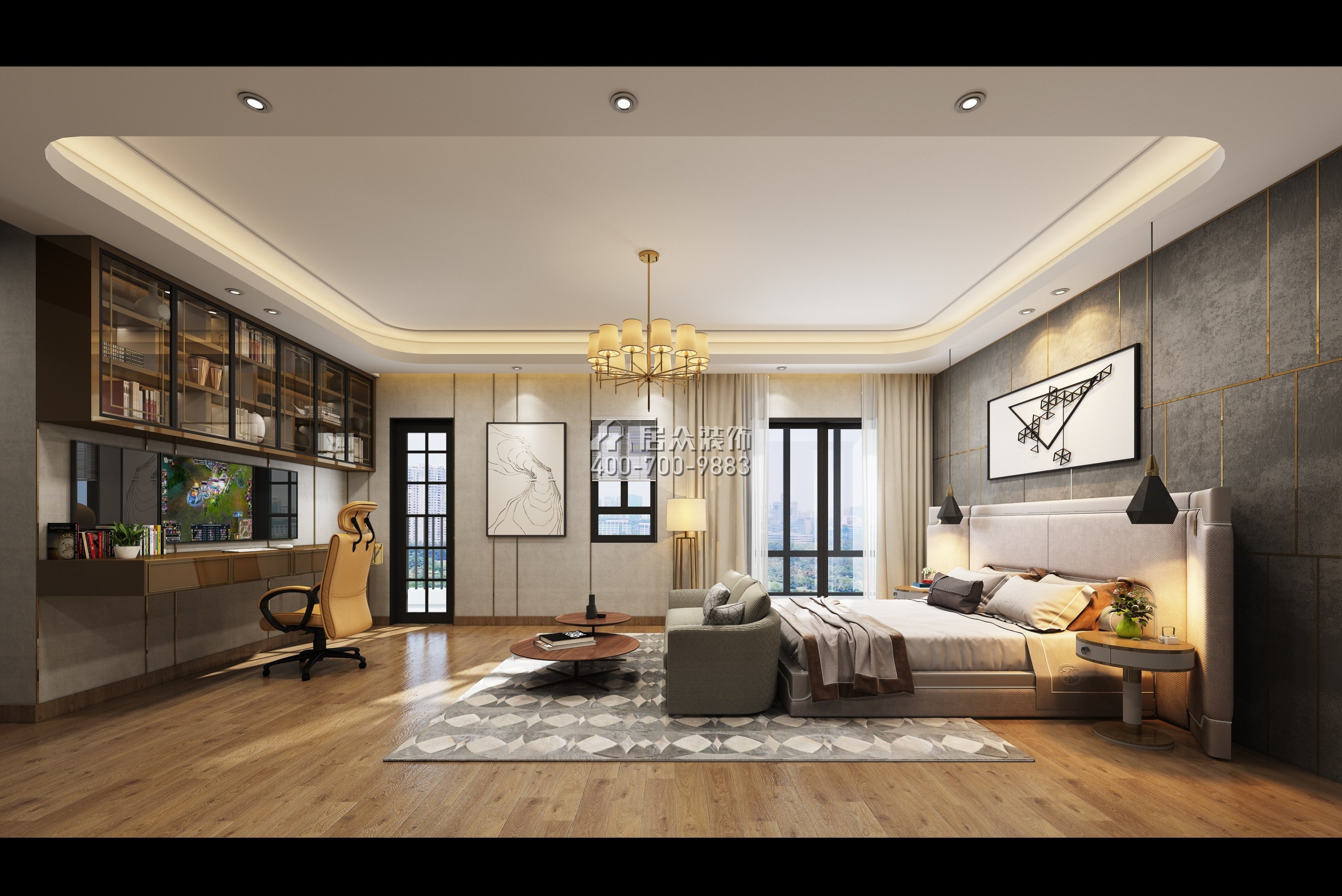 星河丹堤275平方米现代简约风格复式户型卧室书房一体装修效果图